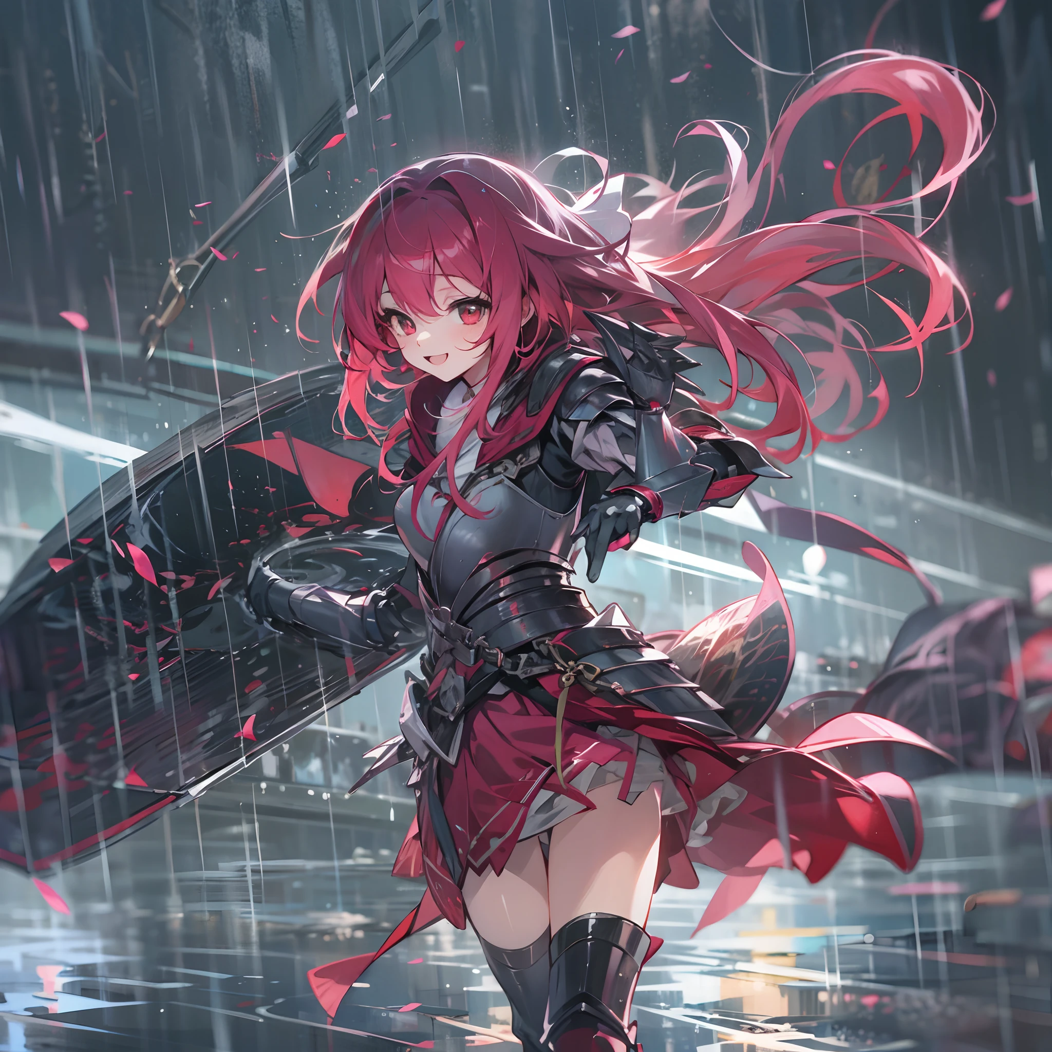 [Anime 1.5], anime girl dancing in rain, battle armor, happy, crimson hairs, crimson eyes, highlights, elegant,