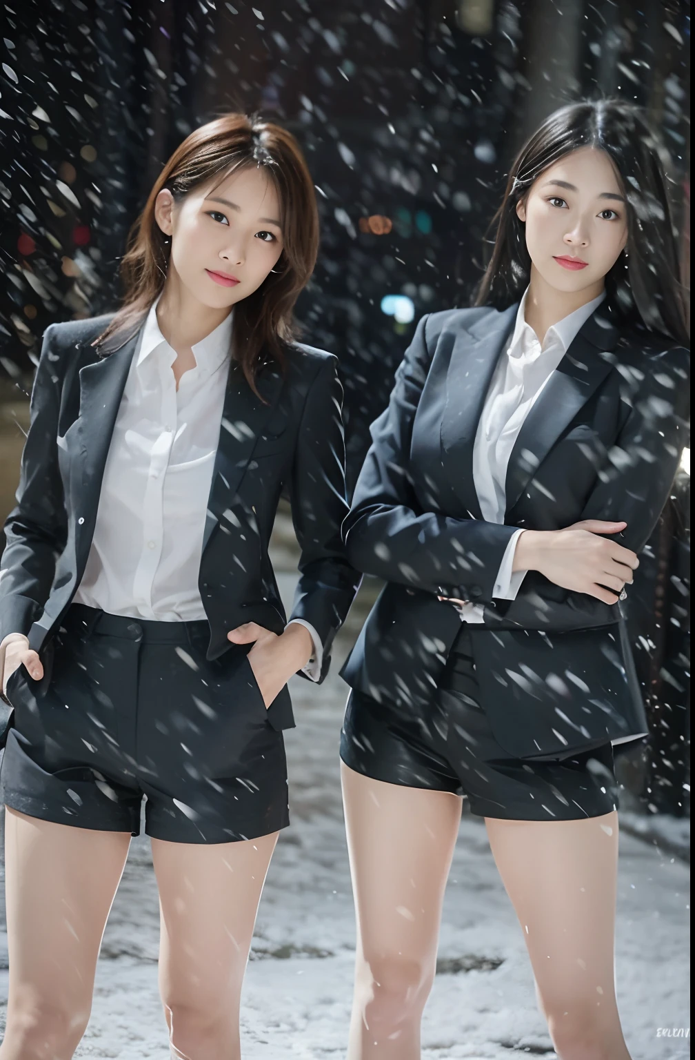 A Japanese Lady、beauitful face、Beautie、二重まぶた、Long Black Hair、Suits、Micro shorts、beauty legs、Raw feet、tall、long legged、pin heels、model poses、Sit up、Oyuki、snow cover、snow blowing、Visibility is poor due to snow、Snow sticks to the body、heavy wind、Hair disheveled by the wind、Night view、