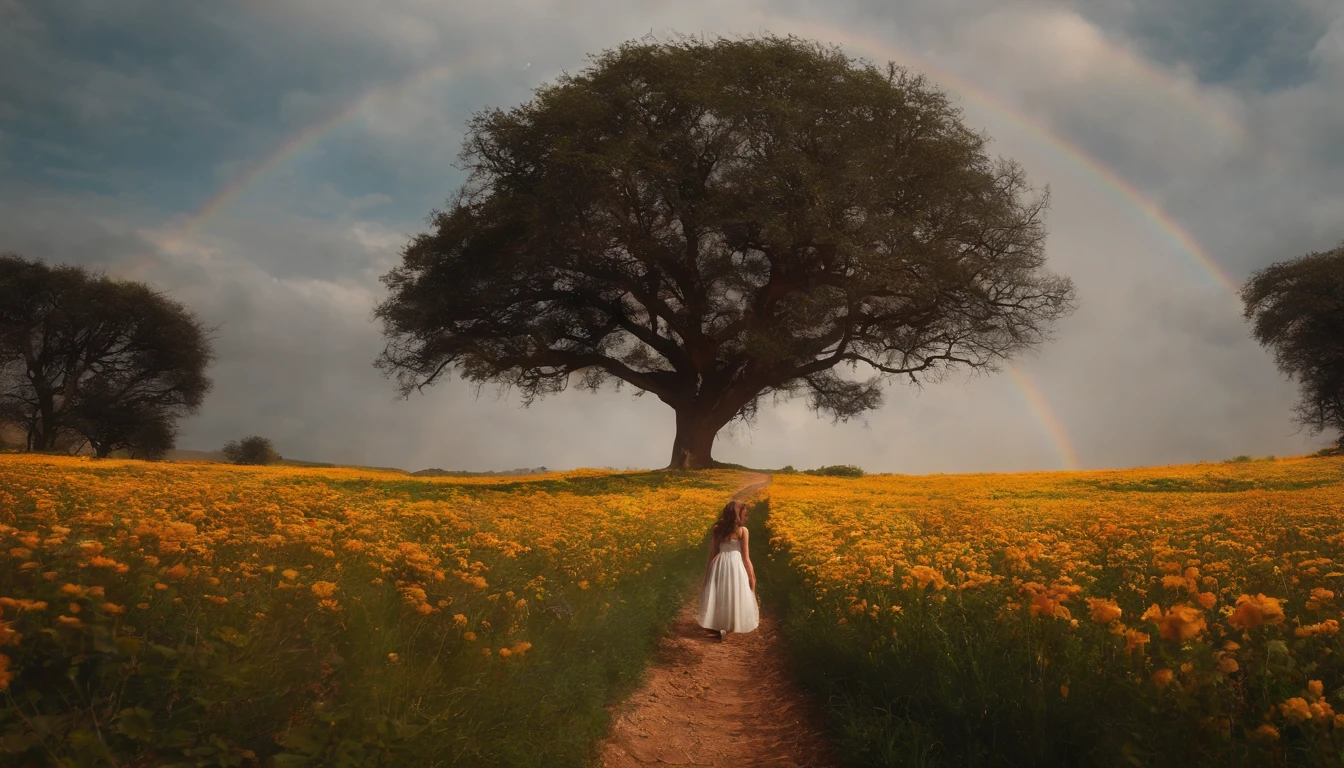 vasta foto de paisagem, (vista de baixo, The sky is above and the open field is below), a girl standing on a flower field looking up, (pegue a chave: 1.2), (meteoro: 0.9), (nebulosa: 1.3), montanhas distantes, BREAK Trees Artisanal Art, (luz quente: 1.2), (vagalumes: 1.2), luzes, muito roxo e laranja, detalhes intrincados, volumeric lighting, realismo BREAK (obra-prima: 1.2), (melhor qualidade), 4k, ultra-detalhado, (dynamic compositing: 1.4), detalhes muito detalhados e coloridos, (rainbow colors: 1.2), (bright illumination, Atmospheric Illumination), sonhador, Magia, (sozinho: 1.2)
