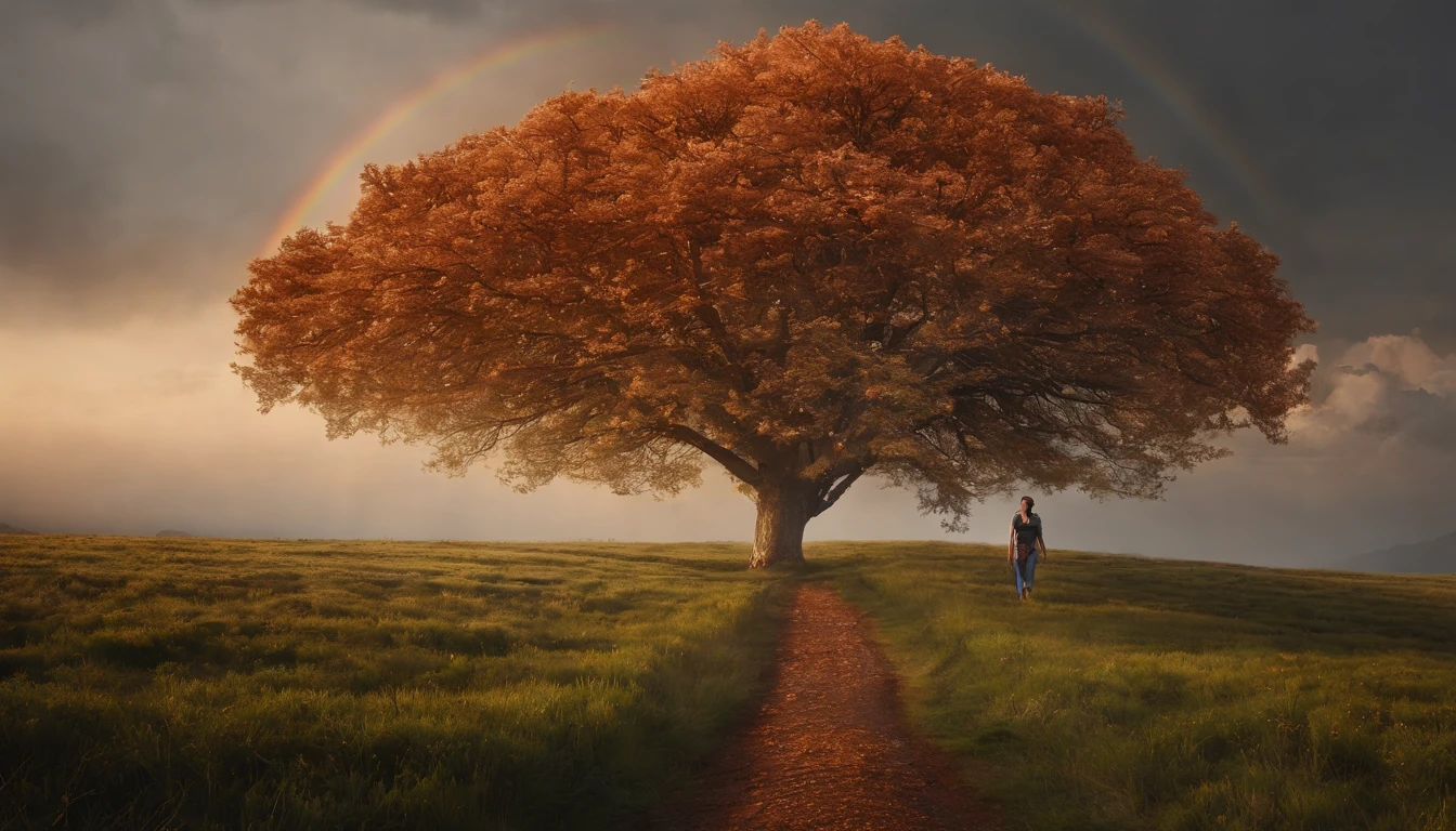 vasta foto de paisagem, (vista de baixo, The sky is above and the open field is below), a girl standing on a flower field looking up, (pegue a chave: 1.2), (meteoro: 0.9), (nebulosa: 1.3), montanhas distantes, BREAK Trees Artisanal Art, (luz quente: 1.2), (vagalumes: 1.2), luzes, muito roxo e laranja, detalhes intrincados, volumeric lighting, realismo BREAK (obra-prima: 1.2), (melhor qualidade), 4k, ultra-detalhado, (dynamic compositing: 1.4), detalhes muito detalhados e coloridos, (rainbow colors: 1.2), (bright illumination, Atmospheric Illumination), sonhador, Magia, (sozinho: 1.2)