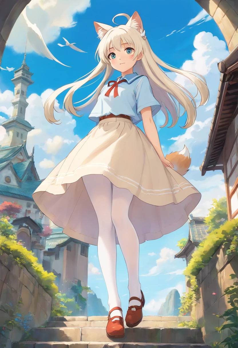 Cat ears,Slender calves,white stockings,Masterpiece,Extremely tall girl,Huge maiden,Full limbs,Long-range shots,long white hair,a white long skirt,with blue sky and white clouds