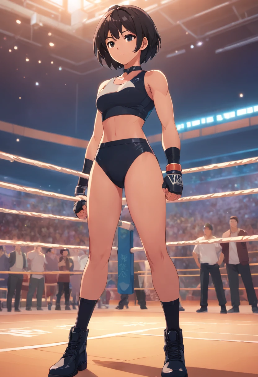 1girl, tan skin, black short hair, black boots, pro wrestling attire, standing, flexing one arm muscle, inside ring at gym, absurdres, high res, ultra sharp, 8k, masterpiece, beautiful, looking at viewer.