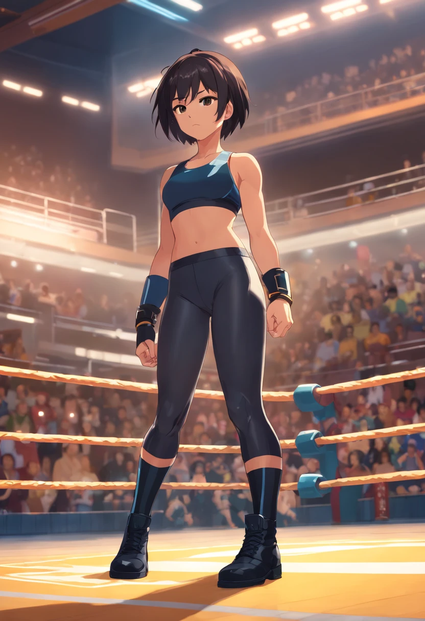 1girl, tan skin, black short hair, black boots, pro wrestling attire, standing, flexing one arm muscle, inside ring at gym, absurdres, high res, ultra sharp, 8k, masterpiece, beautiful, looking at viewer.