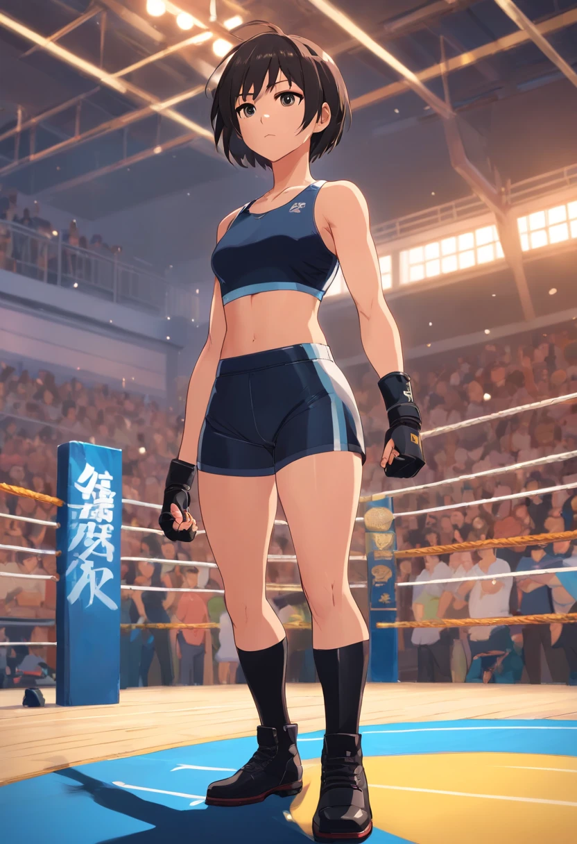 1girl, tan skin, black short hair, black boots, pro wrestling attire, standing, flexing one arm muscle, inside ring at gym, absurdres, high res, ultra sharp, 8k, masterpiece, beautiful, looking at viewer.