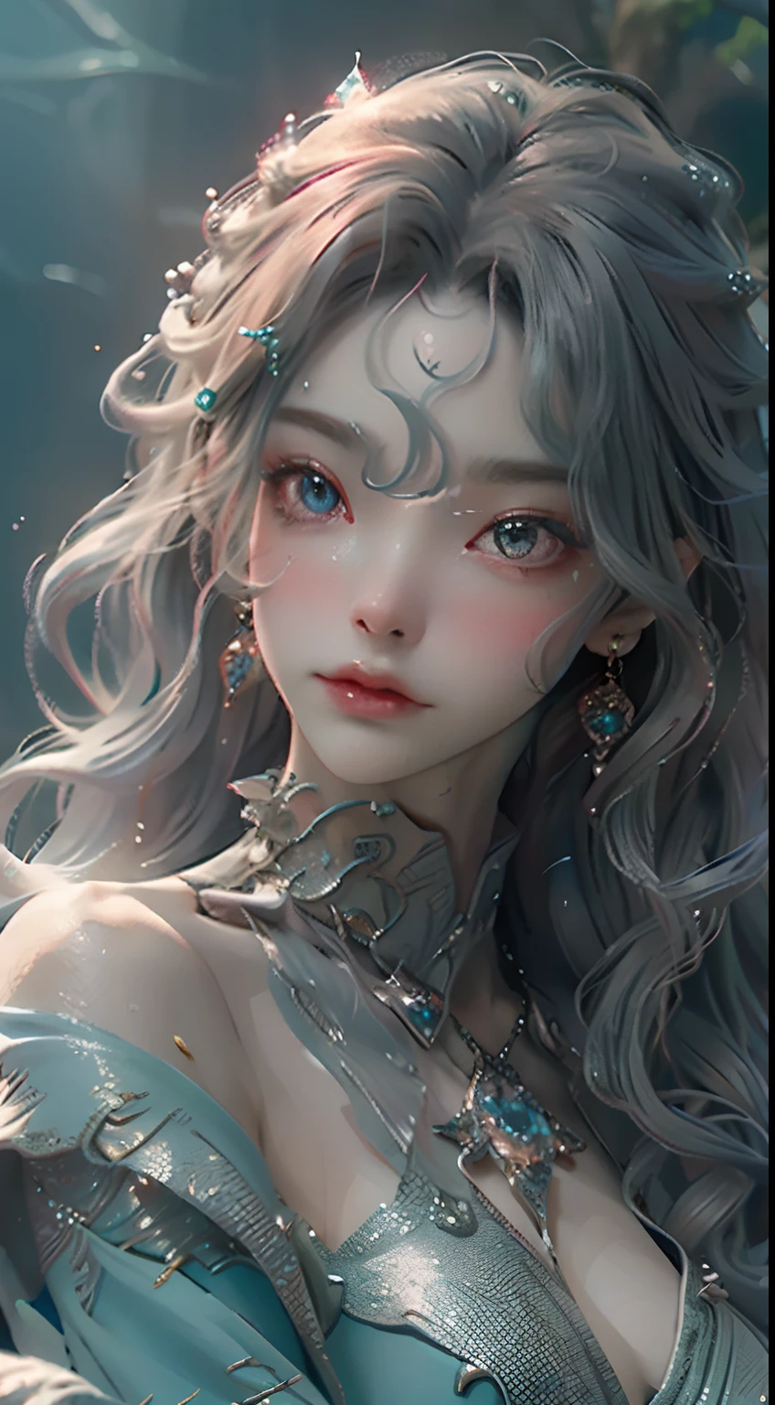 Dive into the depths of imagination with a stunning portrait of a sea nymph, adorned with shimmering scales and cascading locks of seaweed hair, high quality, HD resolution