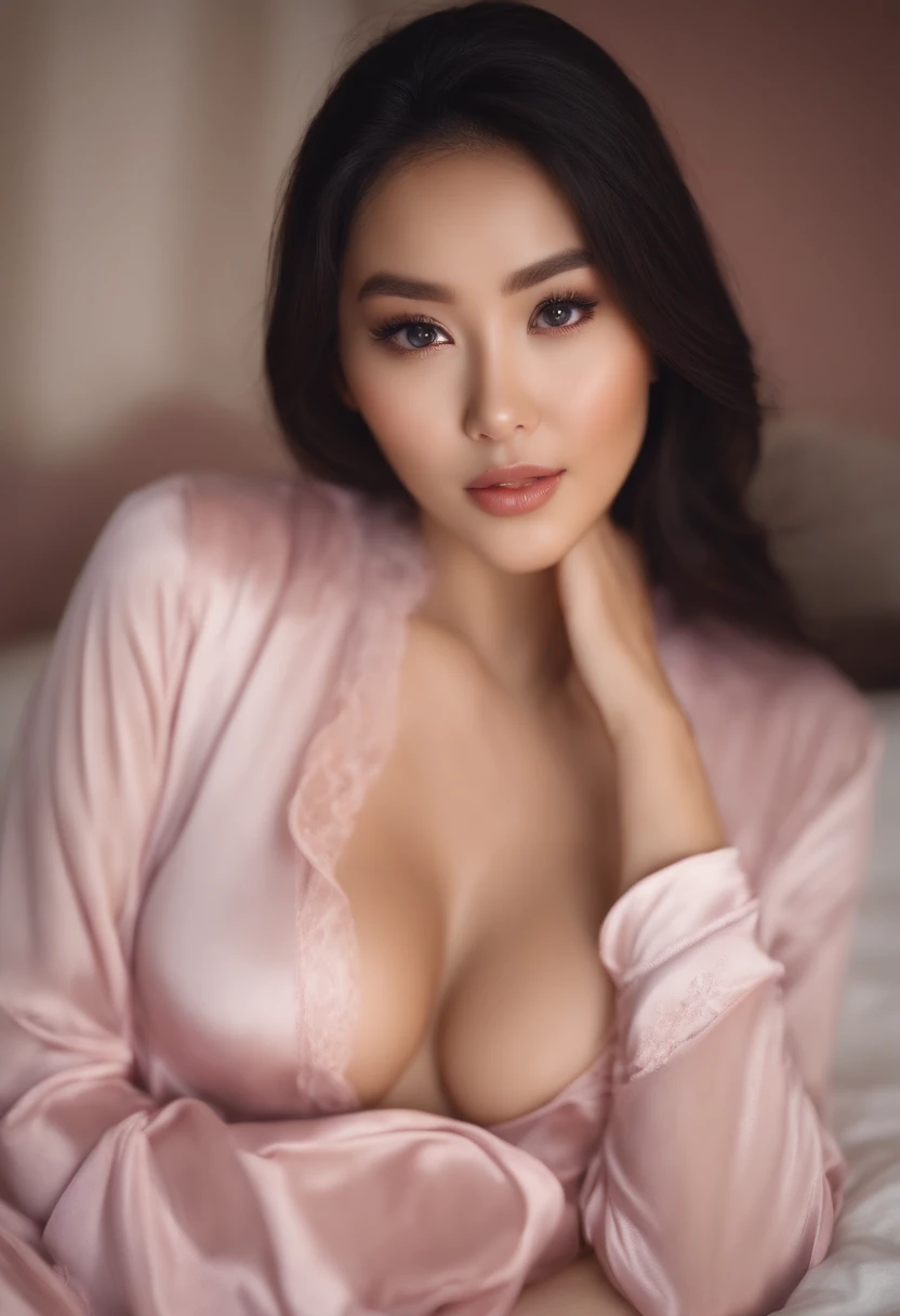 Asian woman fully , sexy girl with brown eyes, ultra realistic, meticulously detailed, portrait black hair and large eyes, selfie of a young woman, bedroom eyes, violet myers, without makeup, natural makeup, looking directly at the camera, face with artgram, subtle makeup, stunning full body shot kneeling on bed, in bedroom, large size bust, wearing light pink sheer victoria's secret lingerie, legs spread wide, innocent look, sexy body position