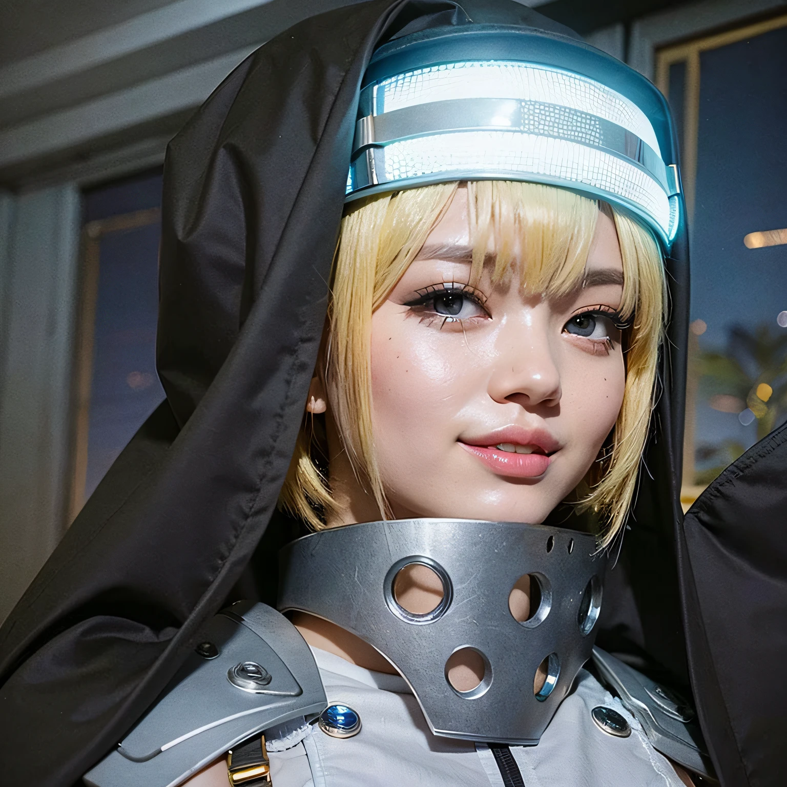 A young asian woman smiling with yellow hair and blue eyes with a metallic mask on her neck, ultra realistic, high quality, detailed face