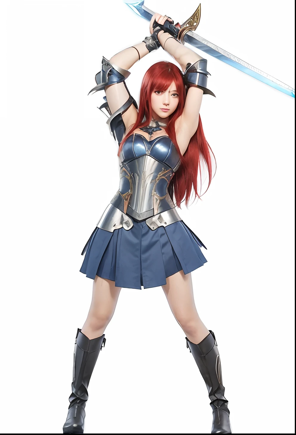 a girl, red long hair, rising sword, metal long gloves, shining metal body armor, short blue skirt, glowing thigh, glow skin, black long boots, armpit, Erza Scarlet