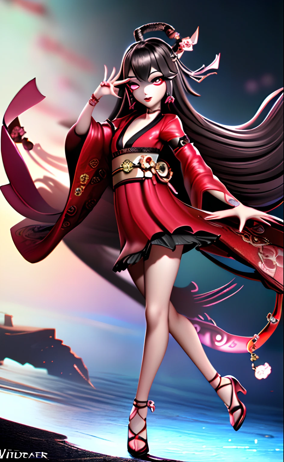 (photorealistic:1.3), masterpiece, best quality, (intricate details:1.2), (scenery:1.3), beautiful face, (black theme:1.3),
(((1girl, a girl in patterned kimono holding a dagger in her hand, (look at veiwer:1.3), (face tattoo:1.2), small oni horn,
))), full body, split in half