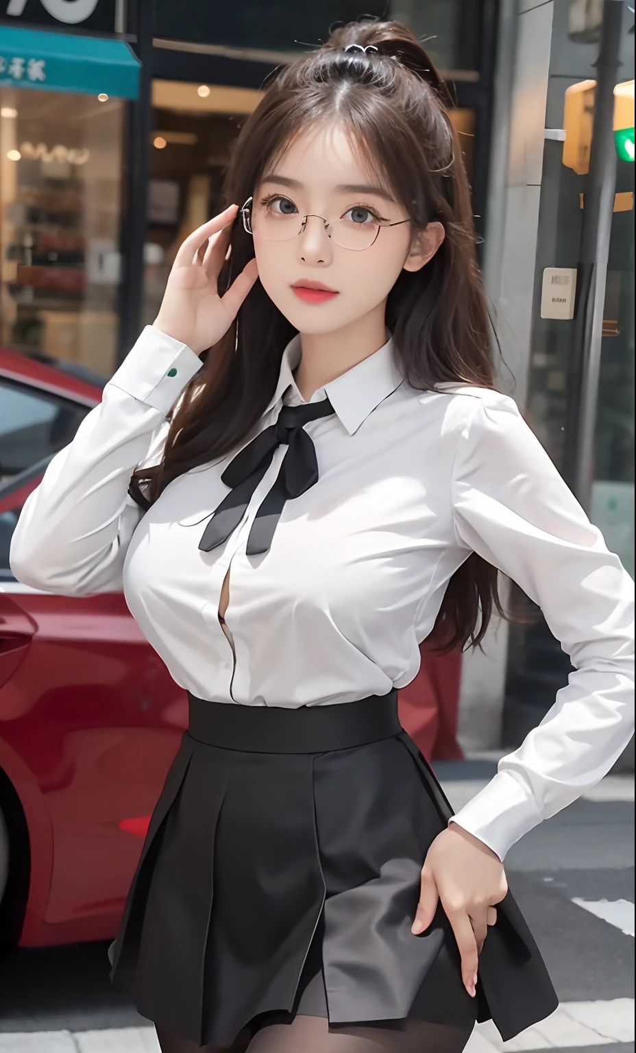 ulzang-6500-v1.1, (RAW photo:1.2), (Photorealistic:1.4), Beautiful detailed girl, Very detailed eyes and face, Beautiful detailed eyes, ridiculous, Incredibly Ridiculous res, hugefilesize, Super detailed, high resolution, Very detailed, Best quality, Masterpiece, ((fashion clothing with diverse colors)), illustration, Very detailed, CG, unified, 8K wallpaper, Amazing, finedetail, Masterpiece ,Best quality, Very detailed CG uniform 8k wallpaper, light in face, Movie lighting, 1girll, 16 years old, Long white hair, side splits, (Big breasts), ()), (Glasses), ((Dynamic pose))), ((Sexy pose))), (camel-toe), (Half), (Pantyhose)), ((Black hip skirt))