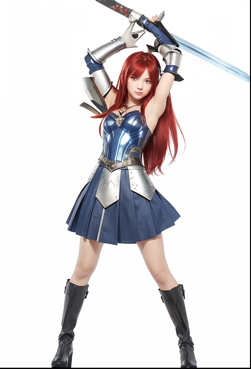 a girl, red long hair, rising sword, metal long gloves, shining metal body armor, short blue skirt, glowing thigh, glow skin, black long boots, armpit, Erza Scarlet