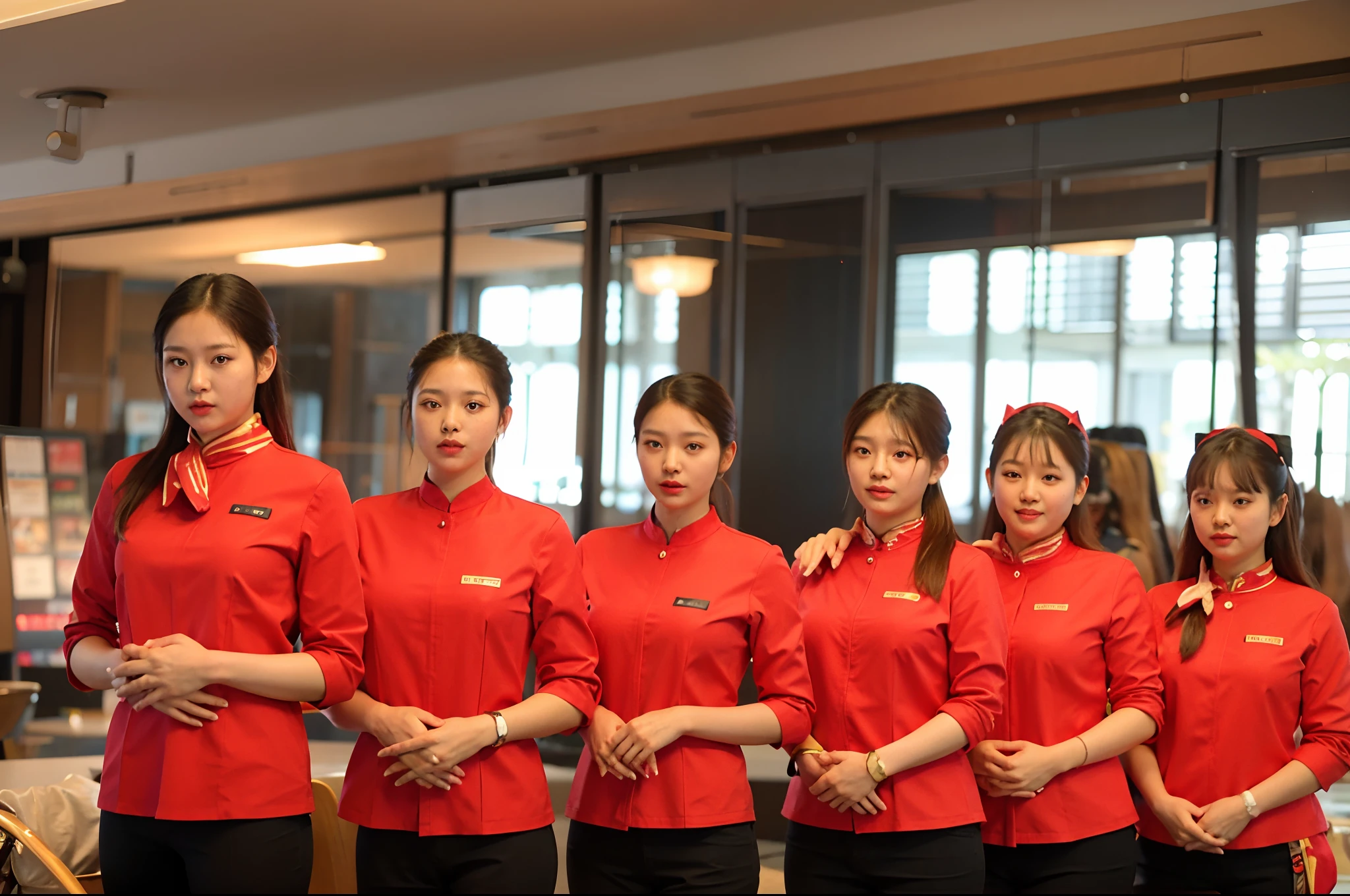 Arad Asian women in red uniforms line up, Red Uniform, high-quality photo, wearing red attire, high-quality photo, Golden Hoop Stick, looking partly to the left, exclusive, photo 85mm, High quality photos, Group photo, poster shot, lifestyle, warm and joyful atmosphere, image, corporate photo, portrait shooting, comfortable, skylines