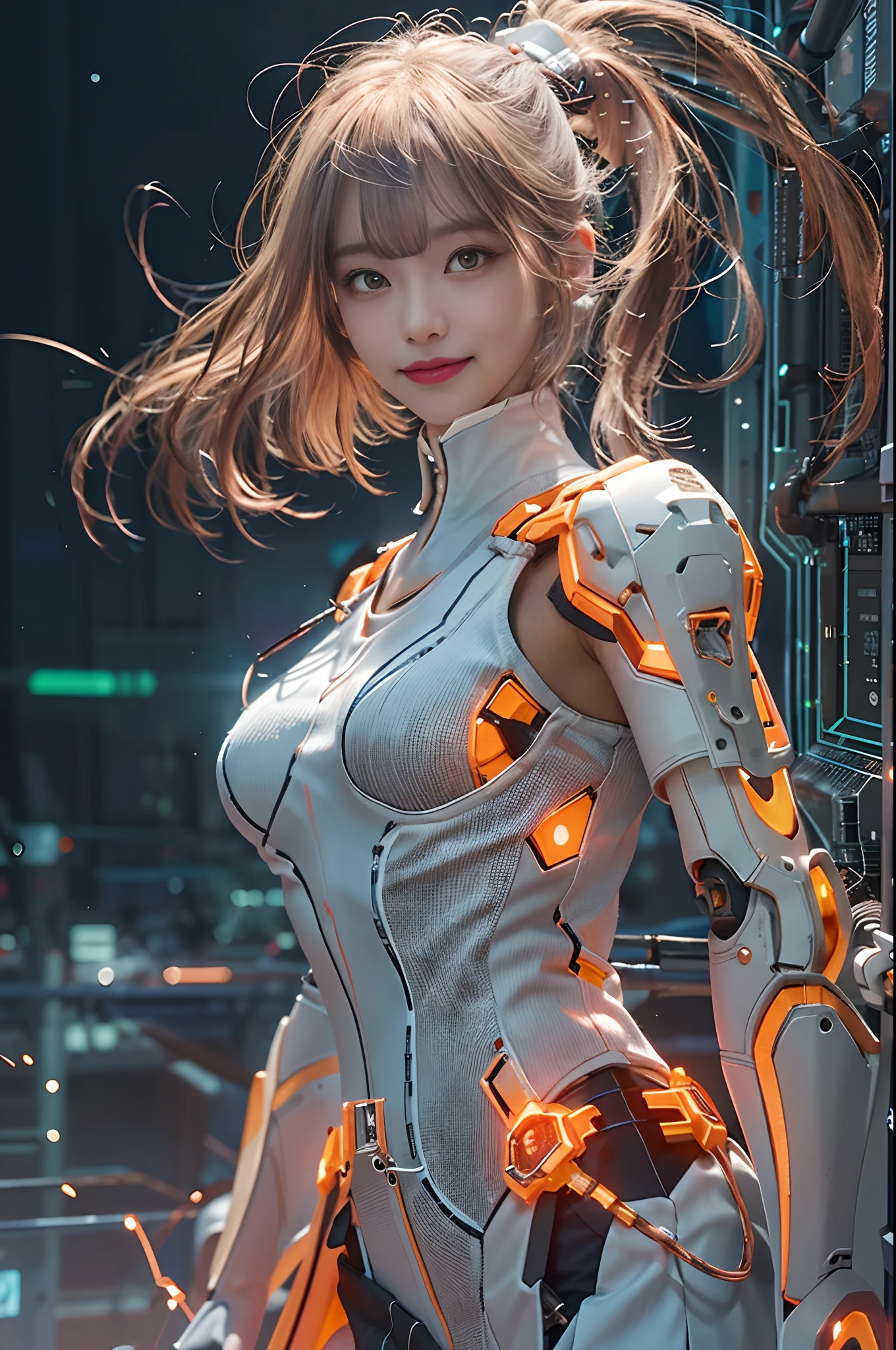 Cybernetic arm and glowing cyber girl,(J Women's Uniform,a sailor suit,White skirt,),Strenuous movements,Add a motion blur effect to simulate motion,Stand on a post-apocalyptic battlefield cityscape.Surrounded by a network of wires. Surrounded by a web of circuits. (Cyber Girl with Orange Glowing Sword:1.3), Shiny Silver Shorthair,disheveled ponytail,Cute smile,Perfect round face,Black eyes,A cheerful smile that makes the viewer happy,Proper body proportion,Intricate details,Very delicate and beautiful hair,photos realistic,Dreamy,Professional Lighting,realistic shadow,Solo Focus,Beautiful hands,Beautiful fingers,Detailed finger features,detailed clothes features,Detailed hair features,detailed facial features,(masutepiece,top-quality,Ultra-high resolution output image,) ,(The 8k quality,),