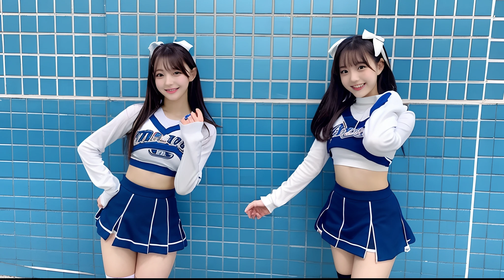 Big Ass Two Women (Cheerleader Outfits) White underwear that bites into Hips 190cm so beautiful Japanese Dark Skin Two people standing side by side with their butts sticking out Super huge ass Background white Grin