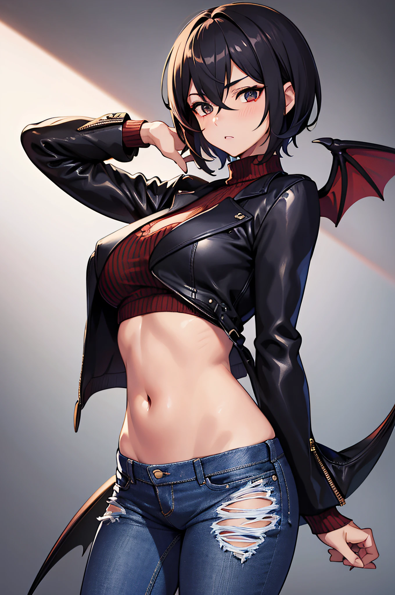 masterpiece,4K,best quality,absurdres, edg90hh, a dark-skinned girl in a crop top and a baseball cap , jeans, large breasts, ass, wearing edg90hh_clothing, koakuma, red hair, bat ears, bat wings, pink highlights, cornrows, hoop earrings,, LowriseXL, LowwaistXL, v-shaped eyebrows, pink eyes, evil grin,