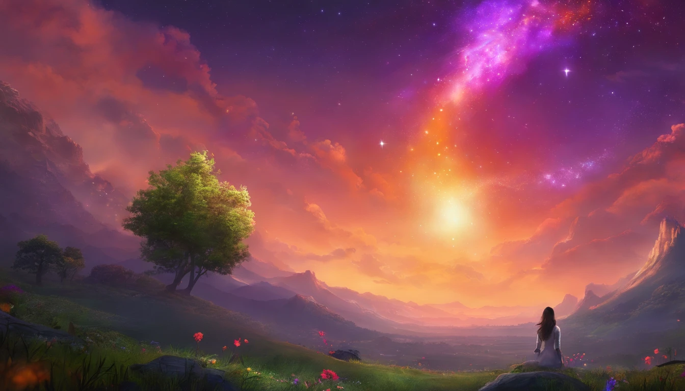 fotografia de paisagem expansiva, (a view from below showing the sky above and the open country below), a girl standing on a flower field looking up, (pegue a chave: 1.2), (estrelas cadentes: 0.9), (nebulosa: 1.3), montanha distante, BREAK tree production art, (fonte de luz quente: 1.2), (Pirilampo: 1.2), bulb, muito roxo e laranja, detalhes intrincados, volumeric lighting, realismo BREAK (obra-prima: 1.2) , (melhor qualidade), 4k, ultra-detalhado, (dynamic compositing: 1.4), detalhes coloridos altamente detalhados, (cores iridescentes: 1.2), (bright illumination, Atmospheric Illumination), sonhador, Magia, (sozinho: 1.2)