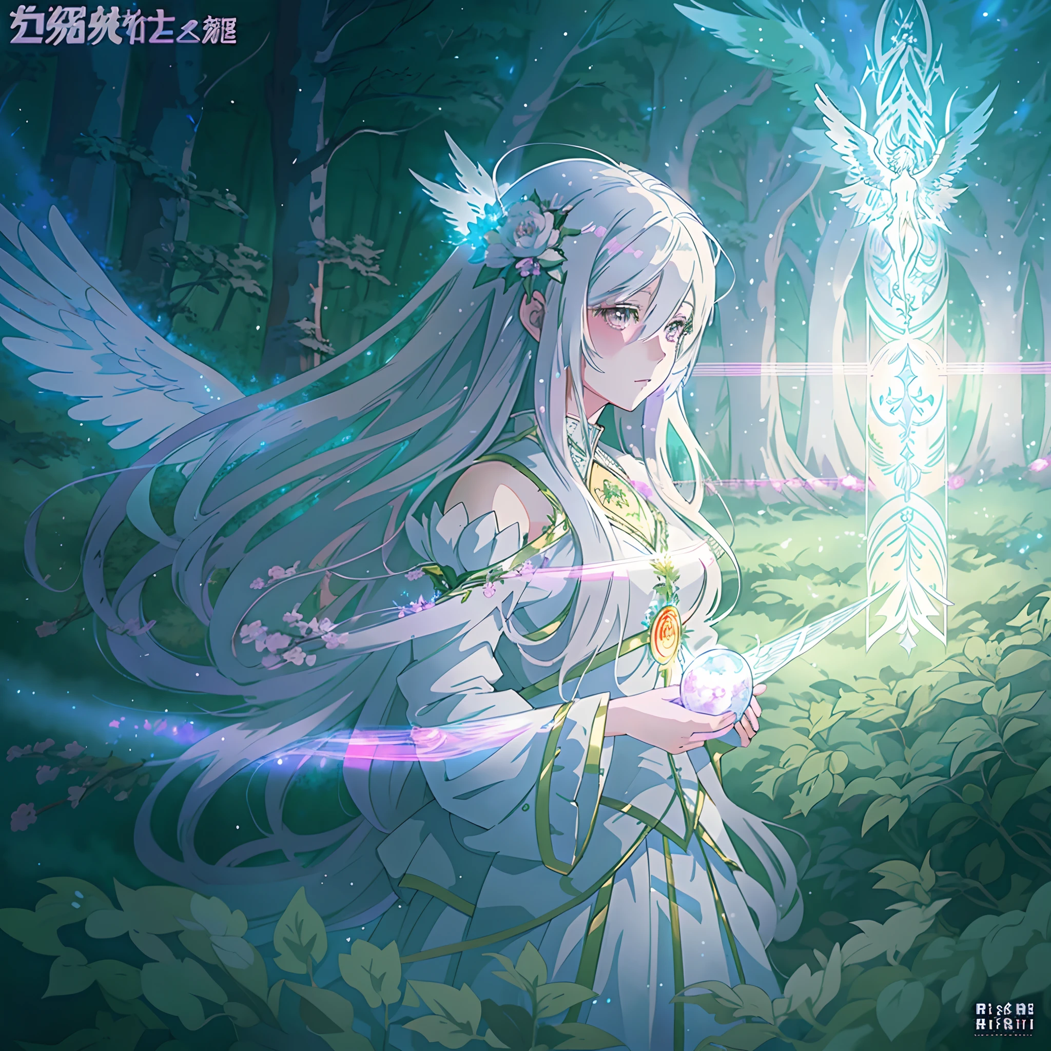 ((Best quality)), anime girl with long white hair and angel wings in a forest, anime fantasy artwork, white haired deity, anime fantasy illustration, detailed anime art, beautiful anime art, beautiful anime artwork, high quality anime art, beautiful fantasy anime, ethereal anime, digital art on pixiv, detailed digital anime art, detailed anime artwork, fantasy art style, white glowing aura