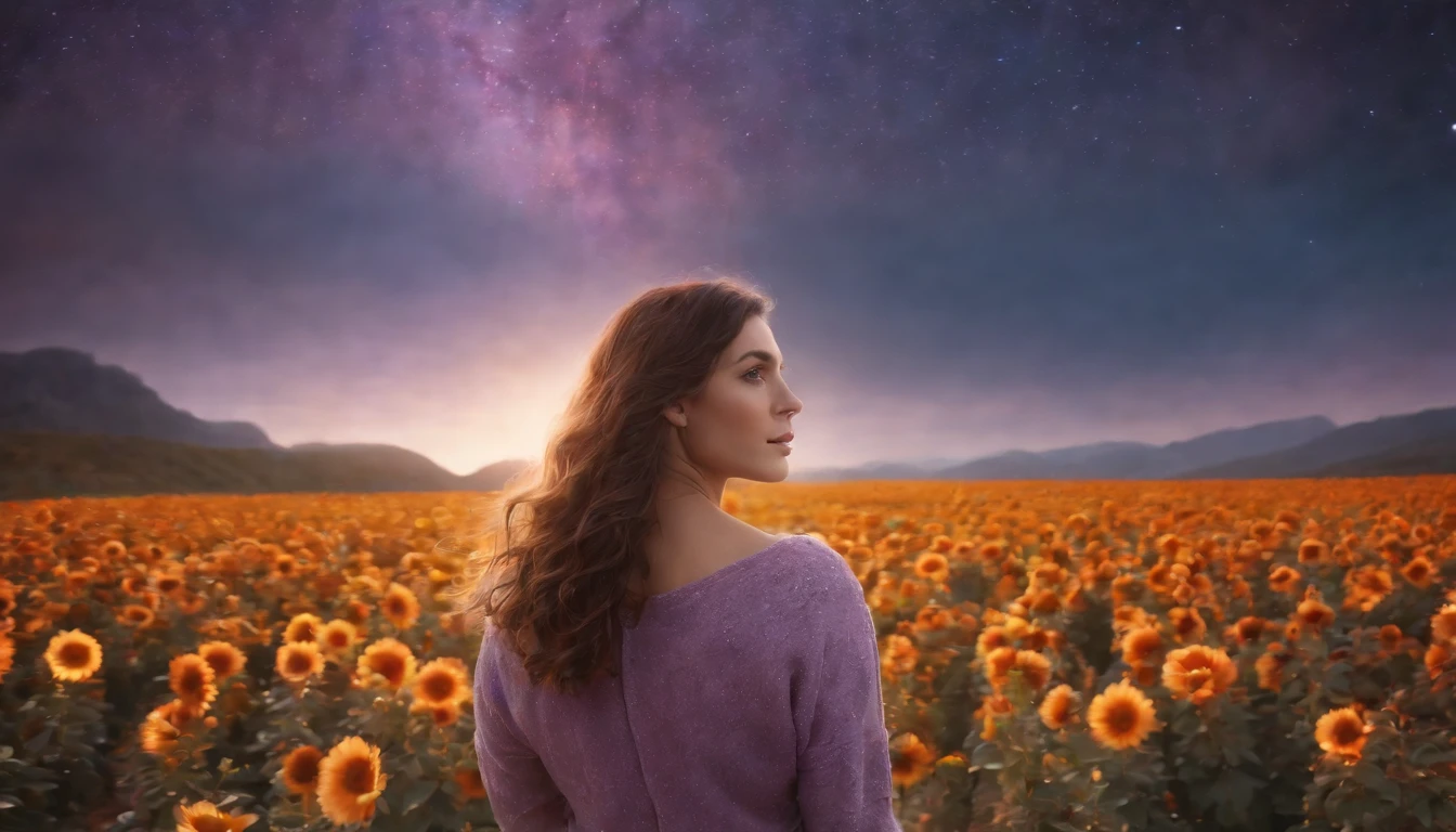 fotografia de paisagem expansiva, (a view from below showing the sky above and the open country below), a girl standing on a flower field looking up, (pegue a chave: 1.2), (estrelas cadentes: 0.9), (nebulosa: 1.3), montanha distante, BREAK tree production art, (fonte de luz quente: 1.2), (Pirilampo: 1.2), bulb, muito roxo e laranja, detalhes intrincados, volumeric lighting, realismo BREAK (obra-prima: 1.2) , (melhor qualidade), 4k, ultra-detalhado, (dynamic compositing: 1.4), detalhes coloridos altamente detalhados, (cores iridescentes: 1.2), (bright illumination, Atmospheric Illumination), sonhador, Magia, (sozinho: 1.2)