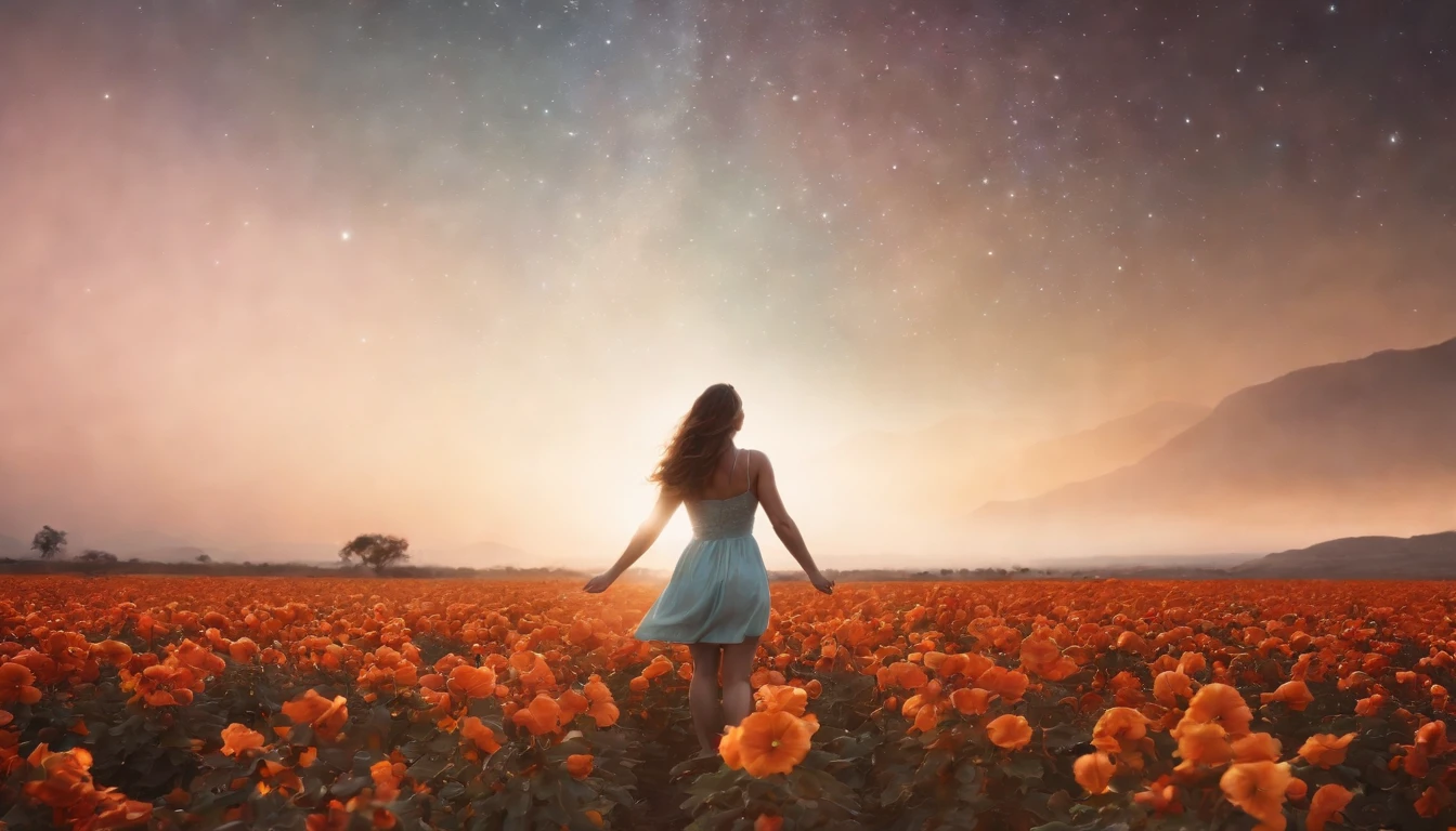 fotografia de paisagem expansiva, (a view from below showing the sky above and the open country below), a girl standing on a flower field looking up, (pegue a chave: 1.2), (estrelas cadentes: 0.9), (nebulosa: 1.3), montanha distante, BREAK tree production art, (fonte de luz quente: 1.2), (Pirilampo: 1.2), bulb, muito roxo e laranja, detalhes intrincados, volumeric lighting, realismo BREAK (obra-prima: 1.2) , (melhor qualidade), 4k, ultra-detalhado, (dynamic compositing: 1.4), detalhes coloridos altamente detalhados, (cores iridescentes: 1.2), (bright illumination, Atmospheric Illumination), sonhador, Magia, (sozinho: 1.2)
