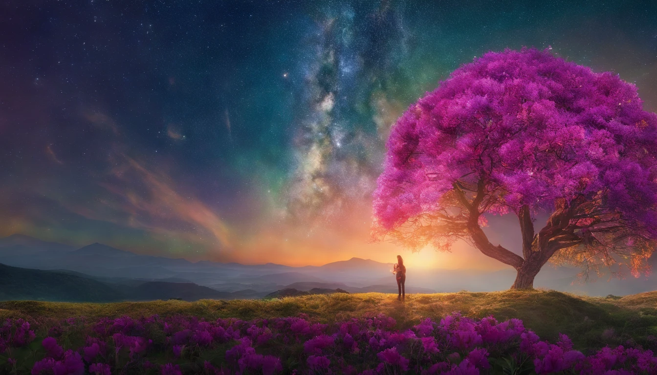 fotografia de paisagem expansiva, (a view from below showing the sky above and the open country below), a girl standing on a flower field looking up, (pegue a chave: 1.2), (estrelas cadentes: 0.9), (nebulosa: 1.3), montanha distante, BREAK tree production art, (fonte de luz quente: 1.2), (Pirilampo: 1.2), bulb, muito roxo e laranja, detalhes intrincados, volumeric lighting, realismo BREAK (obra-prima: 1.2) , (melhor qualidade), 4k, ultra-detalhado, (dynamic compositing: 1.4), detalhes coloridos altamente detalhados, (cores iridescentes: 1.2), (bright illumination, Atmospheric Illumination), sonhador, Magia, (sozinho: 1.2)