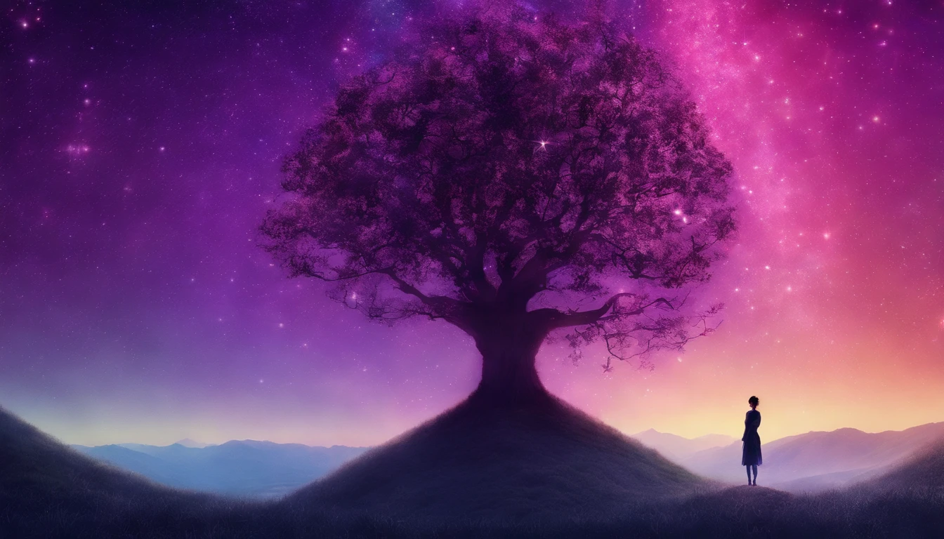 fotografia de paisagem expansiva, (a view from below showing the sky above and the open country below), a girl standing on a flower field looking up, (pegue a chave: 1.2), (estrelas cadentes: 0.9), (nebulosa: 1.3), montanha distante, BREAK tree production art, (fonte de luz quente: 1.2), (Pirilampo: 1.2), bulb, muito roxo e laranja, detalhes intrincados, volumeric lighting, realismo BREAK (obra-prima: 1.2) , (melhor qualidade), 4k, ultra-detalhado, (dynamic compositing: 1.4), detalhes coloridos altamente detalhados, (cores iridescentes: 1.2), (bright illumination, Atmospheric Illumination), sonhador, Magia, (sozinho: 1.2)