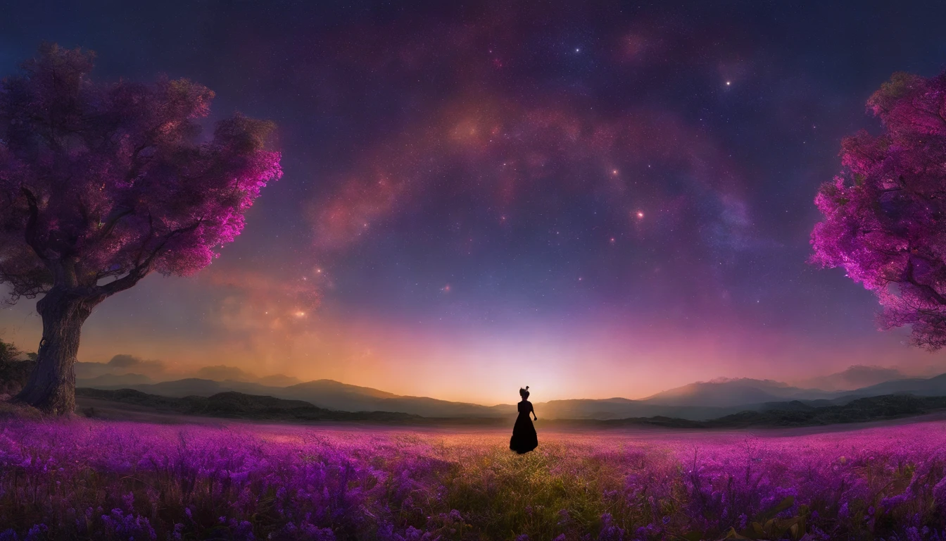 fotografia de paisagem expansiva, (a view from below showing the sky above and the open country below), a girl standing on a flower field looking up, (pegue a chave: 1.2), (estrelas cadentes: 0.9), (nebulosa: 1.3), montanha distante, BREAK tree production art, (fonte de luz quente: 1.2), (Pirilampo: 1.2), bulb, muito roxo e laranja, detalhes intrincados, volumeric lighting, realismo BREAK (obra-prima: 1.2) , (melhor qualidade), 4k, ultra-detalhado, (dynamic compositing: 1.4), detalhes coloridos altamente detalhados, (cores iridescentes: 1.2), (bright illumination, Atmospheric Illumination), sonhador, Magia, (sozinho: 1.2)