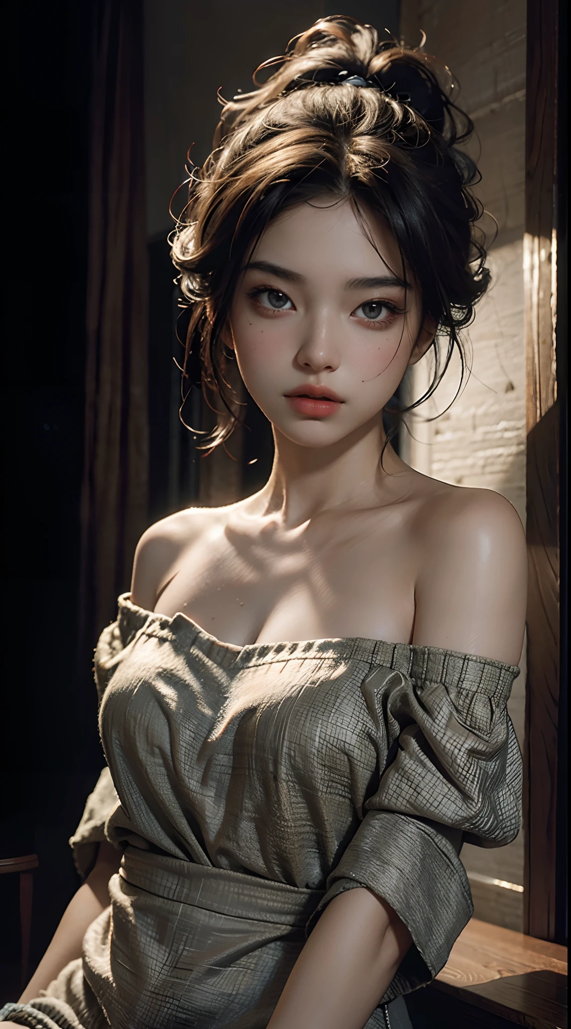 Best quality, masterpiece, ultra high res, (photorealistic:1.4), raw photo, 1girl, off shoulder, cinematic lighting