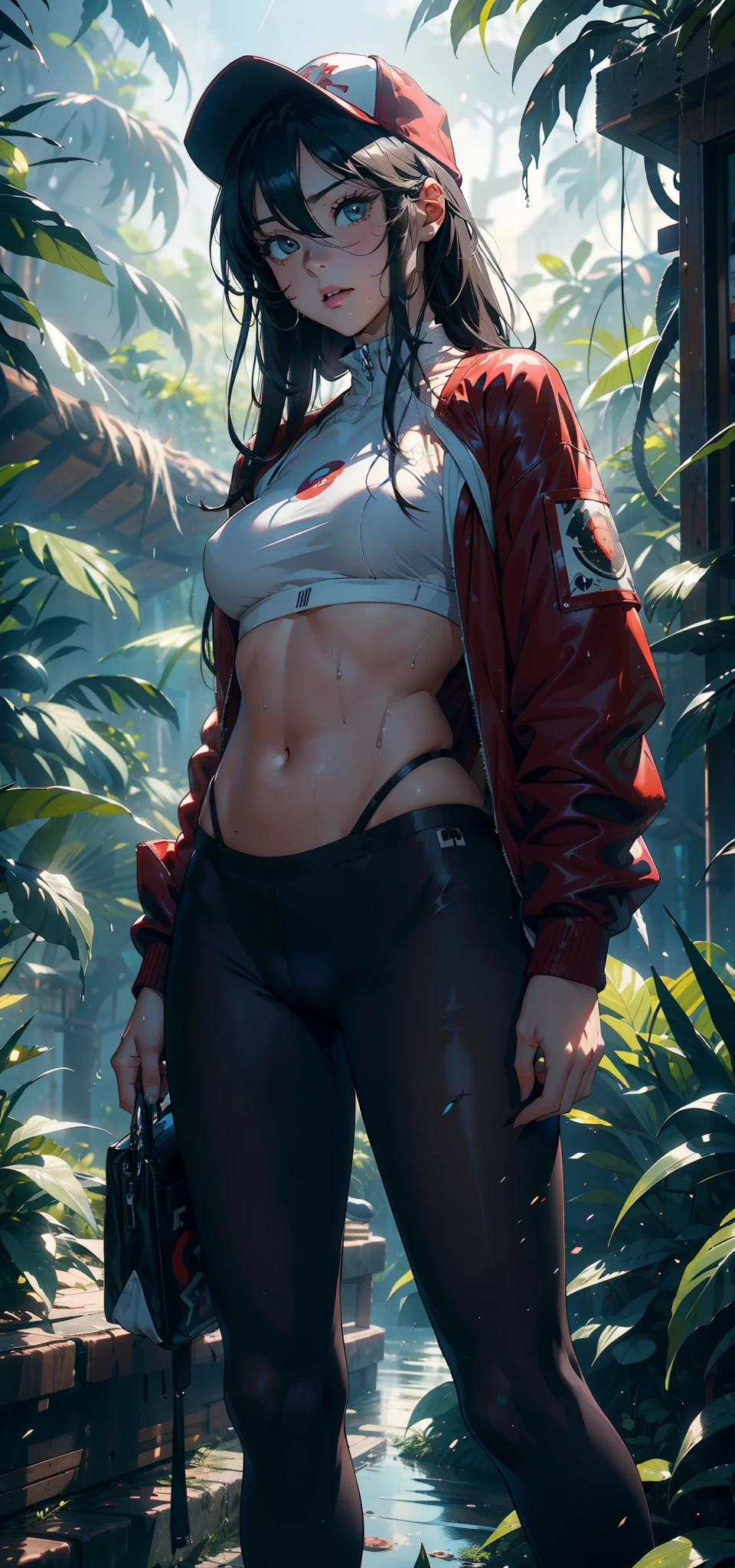 1female,,bit girl,super adorable,smallunderboob ,Pornographic exposure, 独奏,(Background with:hilltop,the rainforest,in summer,Standing water on the ground,exteriors) Feel free to hairstyle,Stride,Sweat profusely,drenched all over the body,seen from the front,Long black hair , mostly cloudy sky,(((tmasterpiece),(Very detailed CG unity 8K wallpaper),best qualtiy,cinmatic lighting,detailed back ground,beatiful detailed eyes,Bright pupils,(Very fine and beautiful),(Beautiful and detailed eye description),ultra - detailed,tmasterpiece,)),facing at camera,A high resolution,ultra - detailed)There is a robotic arm,cyber punk style,nakeness,with no underpants,revealing breasts,Bare genitalia, Bulge,Camel toes,Raised sexy,Lewd expression,Flushed complexion,Open-mouthed,frontage,elementary student(Wearing:Red baseball jacket,Pantyhose,baseball cap)