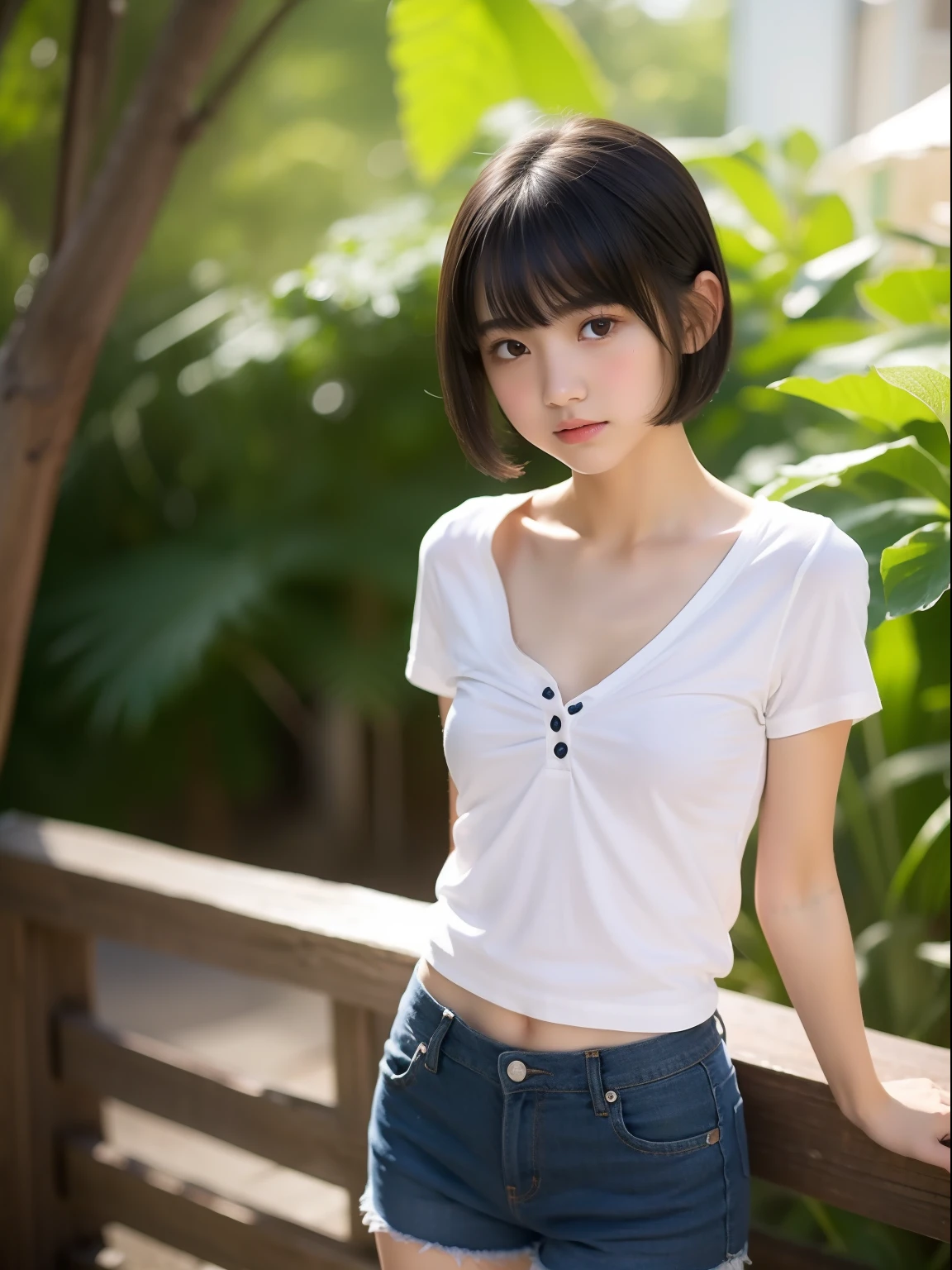 masterpiece, highest quality, High resolution, aamikoto, short hair, Hair Flowers, Exposing shoulders, Sleeveless shirt, White shirt, Are standing, Cowboy Shot, Outdoor,(No underwear),(Opening my asshole with my fingertips:1.3),(Sometimes she's completely naked with her big ass exposed),(A very young looking girl Small breasts),(Stick your butt out with a slouch),(The crack of the pussy is clearly visible:1.1),(Bitchy and naughty girl:1.3)