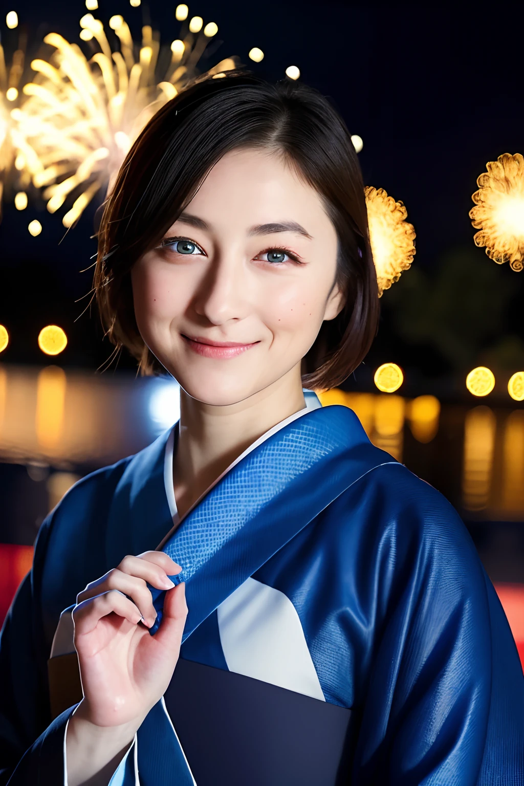 ((masterpiece, top quality, super definition, high definition)), 4K. solo, beautiful girl, shining eyes, perfect eyes, beautiful sister of Japan, blue theme, yukata, background is night fireworks