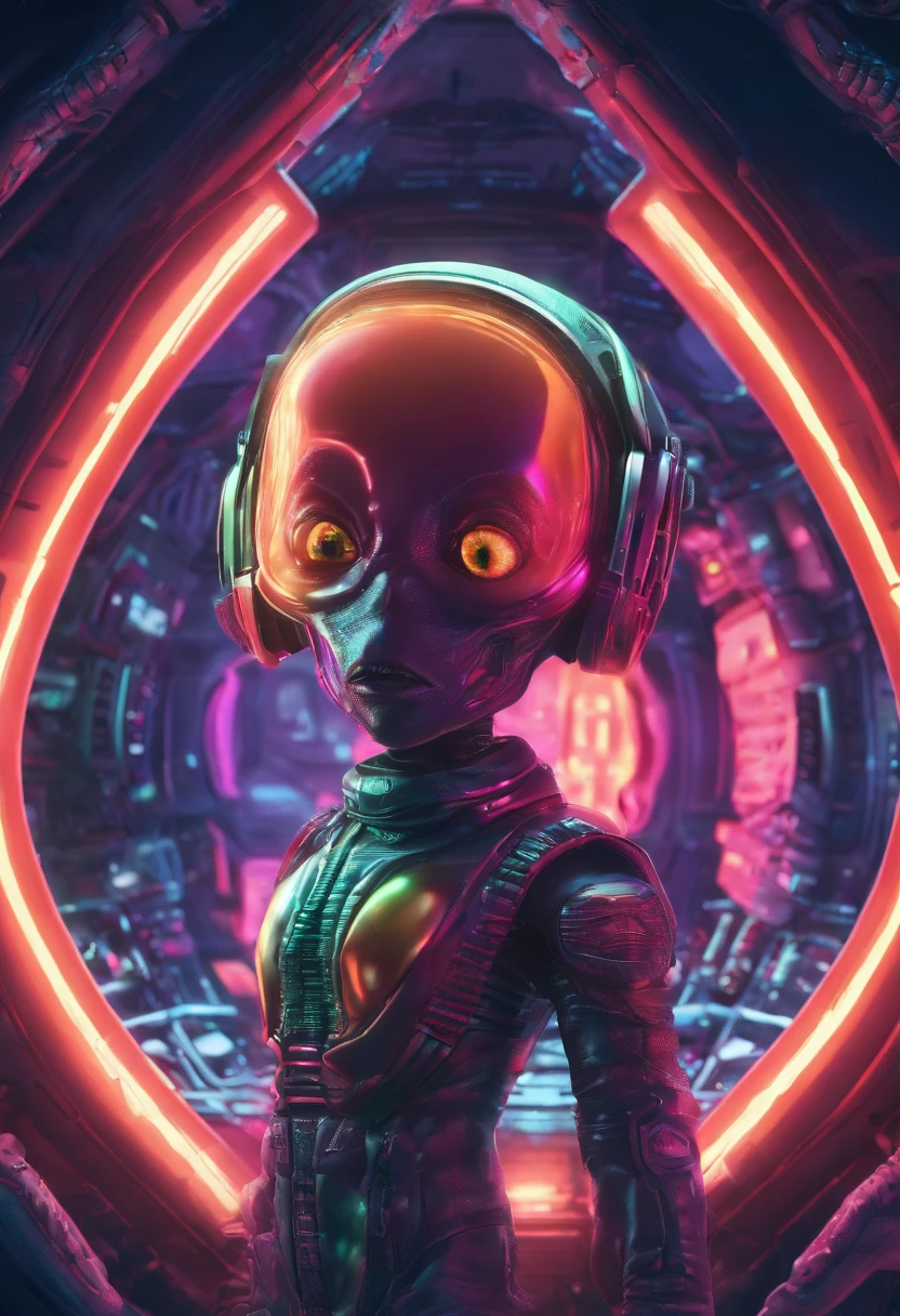 Alien wearing hip-hop clothes and glasses in futuristic spaceship, Large eyes and oval head, pele escamosa texturizada, estilo chibi, arte de Nashi e Daniel Capua, master part, HDR, UHD, 64 mil, altamente detalhado, trending on ArtStation, Motor irreal, vivid colors, High Resolution Scanning, shades