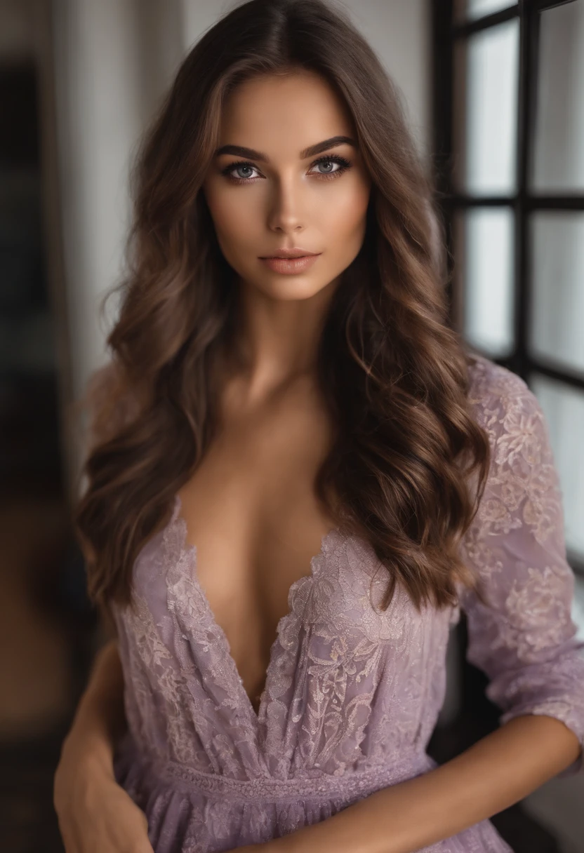 Femme arafed en robe sexy, faisant la cuisine, fille sexy aux yeux bruns, Portrait Sophie Mudd, cheveux bruns et grands yeux, selfie of a young woman, Yeux de chambre, Violet Myers, sans maquillage, maquillage naturel, looking straight at camera, Visage avec Artgram, Maquillage subtil, Superbe photo du corps entier, clivage