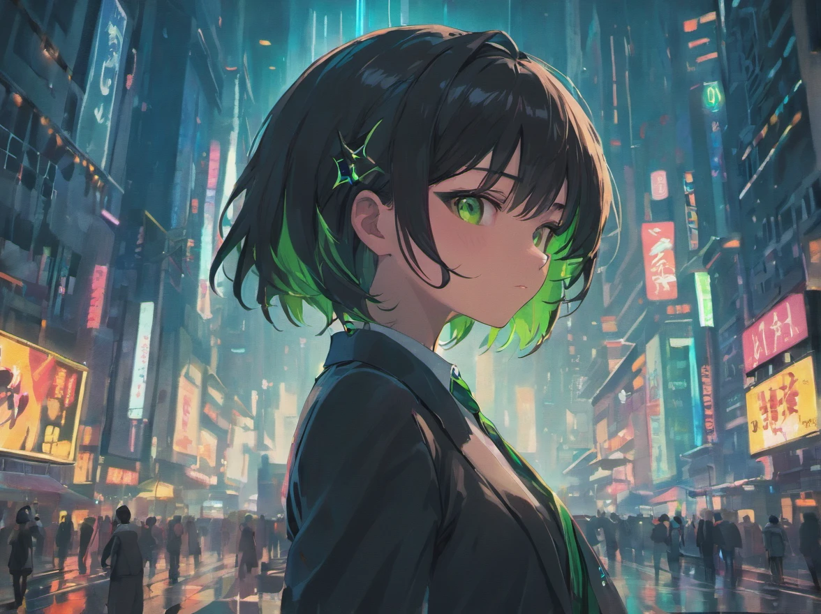 Cyberpunk, Cyberpunk Street Scene, Cityscape, Dazzling cyberpunk skyscrapers, neon signs, led lights, Wet and rainy, Bright and vivid color scheme,  ultra-detailliert, Cinematic lighting, darker shadows, Large breasts,1 woman,broody,Black Suit,Black hair,Beautiful face,Green eyes, Short hair,{{masutepiece}}, {{{Best Quality}}}, {{ultra-detailliert}}, Cinematic lighting,Beautiful detailed ,light_leaks,amazing,finely detail,Original, {{Sharp eyes}} , White shirt , black necktie, Chinatown