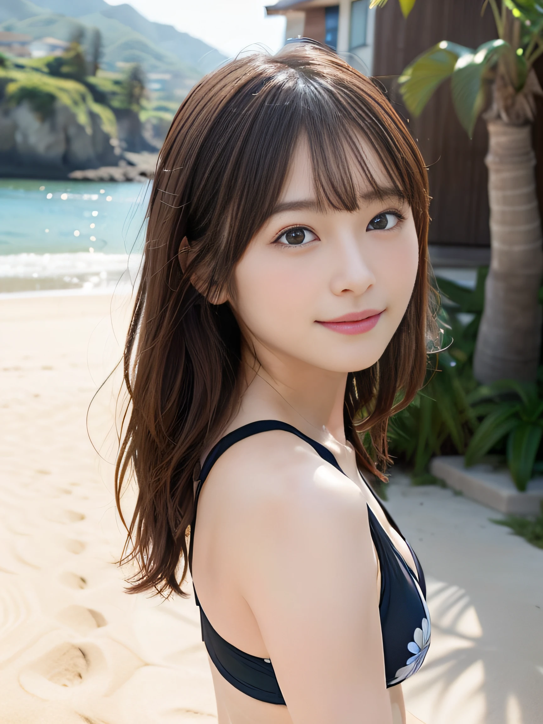 in 8K,Best Quality:1.4, 超A high resolution:1.5, (Photorealistic:1.4),masterpiece:1.2,(top-quality:1.4)、 Raw photo、 (the background is blurred), sea side, sand beach, 1日本人の女の子, Cute, (Solo:1.4), (Shy smile), Smooth skin、Floral Bikini:1.3、 (Brown medium hair,Bangs), (touch hair:1.4),nogizaka,Cute swimsuit,Supple fingertips,Beautiful black eyes、dual、natural skin textures:1.3, realistic eyes and face details:1.7、middlebreasts、during daytime、Gravure Pose:1.1、Toned buttocks:1.5、Hands behind the head、gazing at viewer,The photographer will be facing backwards.5Take a step back