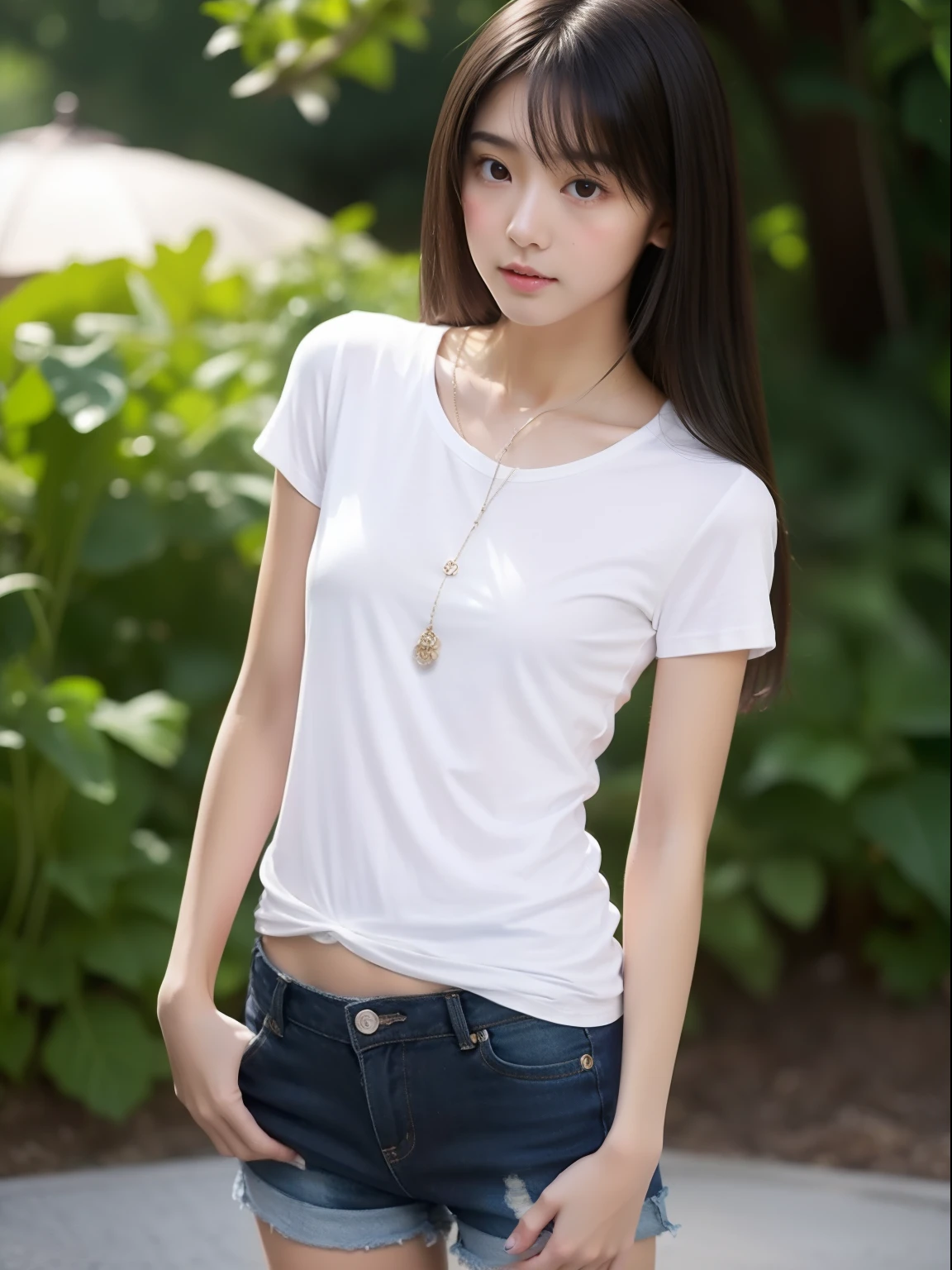 masterpiece, highest quality, 8K, , RAW photo, award-winning portraits, alone, noon, idol face,whole body,violaces, delicate girl, whole body, Completely naked、Digital single-lens reflex camera, looking at the viewer, shy smile、shame、flushed cheeks、thin arms, small breasts, nipple, small ass、thin waist、Frank, Sophisticated, like々New, thin arms, professional lighting, film grain, black eyes,chromatic aberration, (detailed eyes and face:1.0), (Bokeh:1.1),(hyper pretty face:1.2),(short sleeve shirts:1.3),(denim mini skirts:1.3),(white panties:1.3), looking at the viewer,(cute girl in the park:1.3),(spread legs:1.2),skirt lift, looking at the viewer