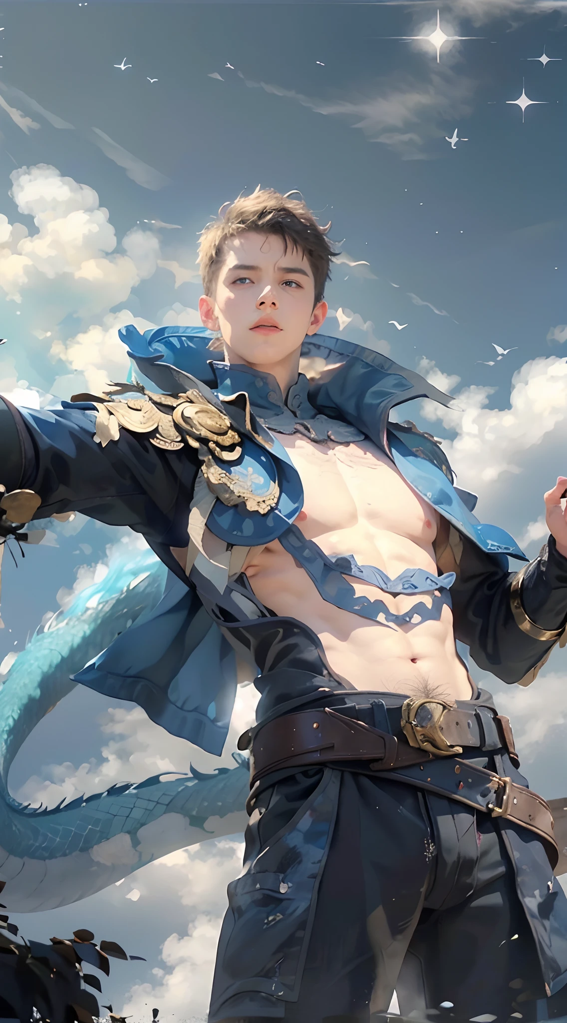 8K, Best Quality, Masterpiece, Ultra High Definition, (Realistic: 1.4), Original Image, (Realistic Skin Texture: 1.3), (Film Grain: 1.3), (Selfie Angle), (1 Boy), (Short Hair), (Dark Hair), Beautiful Eyes And Face Detail, Masterpiece, Best Quality, Close Up, Toned Body, Perfect Muscles, Exposed Chest Muscles, Body 6 pack, Natural skin, No hair, No shirt, Transparent white briefs, (Boy standing in the sky), (Blue sky, White clouds, Dragon, Flying dragon)