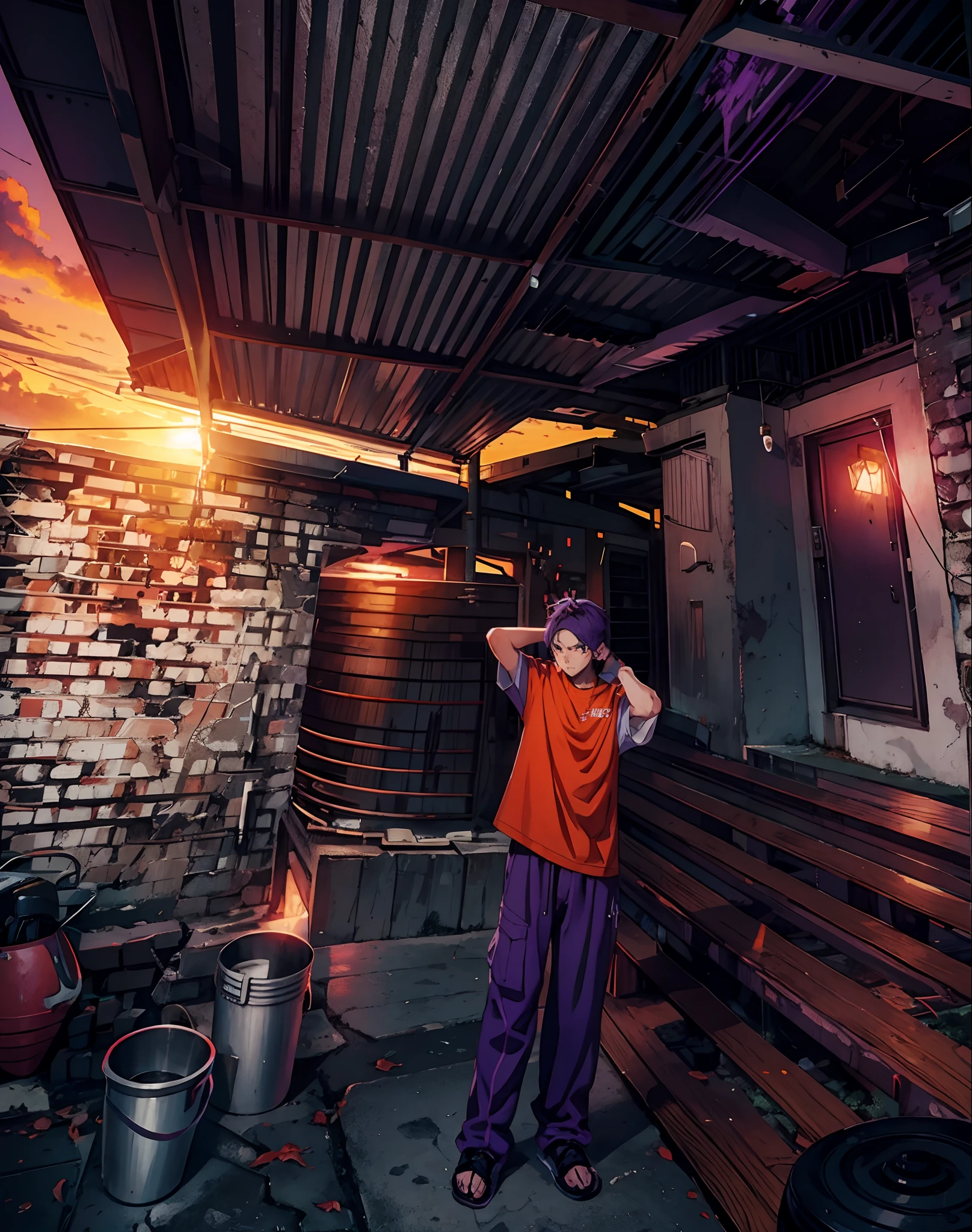 anime guy and beautiful purple orange sunset, gray baggy sporty clothes, rustic