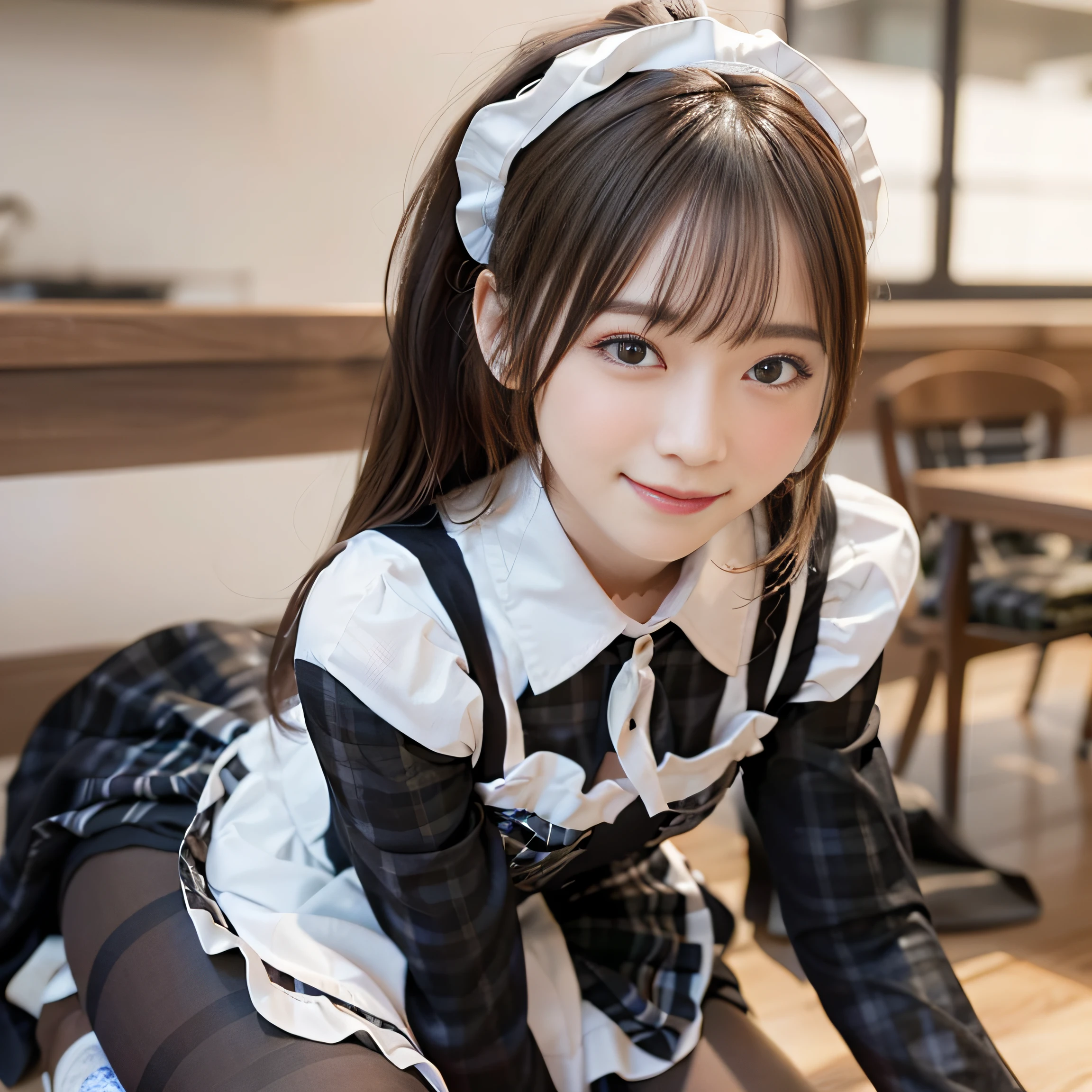 in 8K,Best Quality:1.4, 超A high resolution:1.5, (Photorealistic:1.4),masterpiece:1.2,(top-quality:1.4)、 Raw photo、 (the background is blurred), 1日本人の女の子, Cute, (Solo:1.4), (Shy smile), Smooth skin、 (Brown medium hair,Bangs),nogizaka,Supple fingertips,Beautiful black eyes、dual、natural skin textures:1.3, realistic eyes and face details:1.7、middlebreasts、during daytime、Toned buttocks:1.5、gazing at viewer,The camera is3mBackward, Cheerful,(maid:1.2),Bow,Long sleeves, Black sleeves,(Long tights with black plaid:1.5),Maid headdress,maid apronl,cafeteria,Upper body:1.8,(detailed hairs:1.1), (Detailed eyes:1.1)