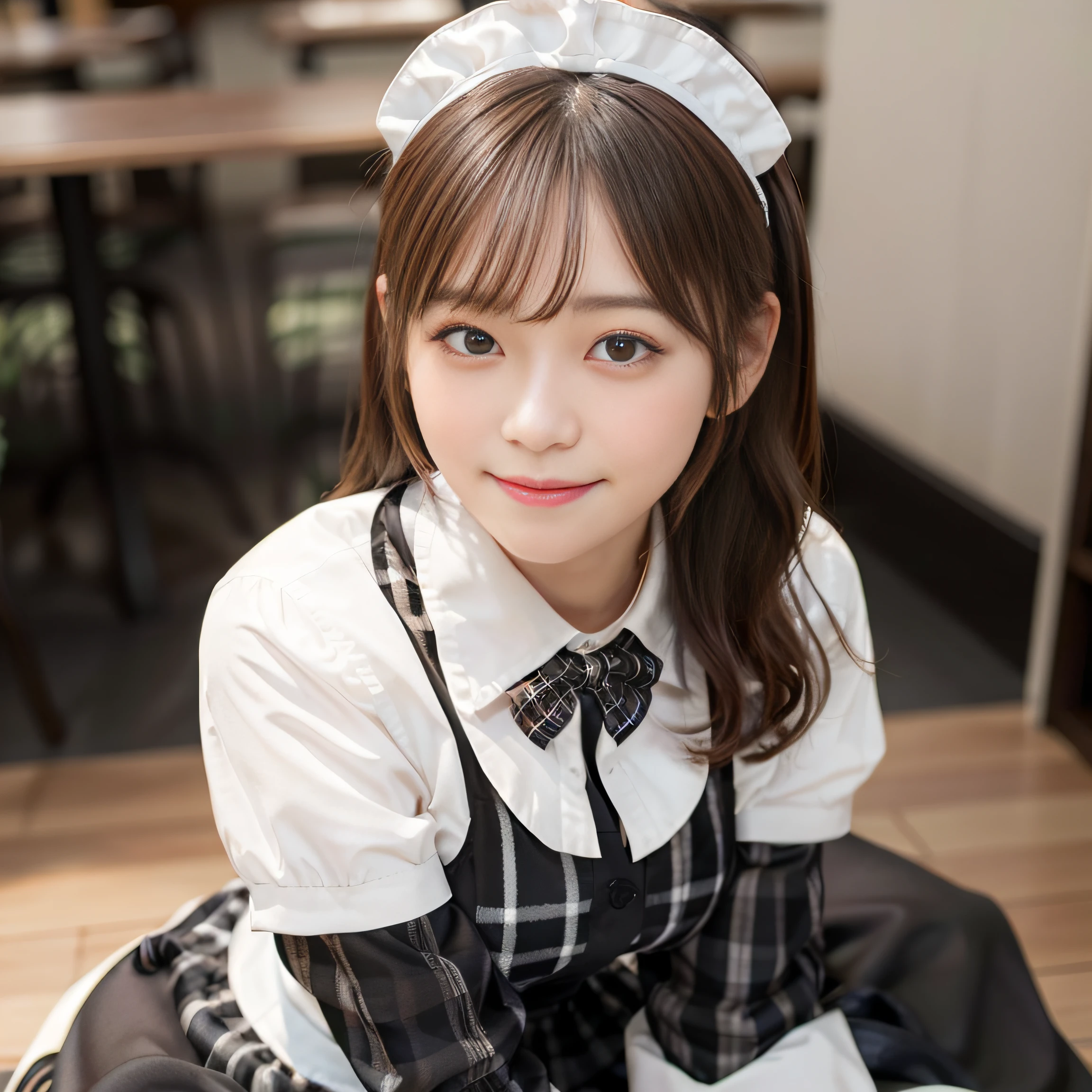in 8K,Best Quality:1.4, 超A high resolution:1.5, (Photorealistic:1.4),masterpiece:1.2,(top-quality:1.4)、 Raw photo、 (the background is blurred), 1日本人の女の子, Cute, (Solo:1.4), (Shy smile), Smooth skin、 (Brown medium hair,Bangs),nogizaka,Supple fingertips,Beautiful black eyes、dual、natural skin textures:1.3, realistic eyes and face details:1.7、middlebreasts、during daytime、Toned buttocks:1.5、gazing at viewer,The camera is3mBackward, Cheerful,(maid:1.2),Bow,Long sleeves, Black sleeves,(Long tights with black plaid:1.5),Maid headdress,maid apronl,cafeteria,Upper body:1.8,(detailed hairs:1.1), (Detailed eyes:1.1)