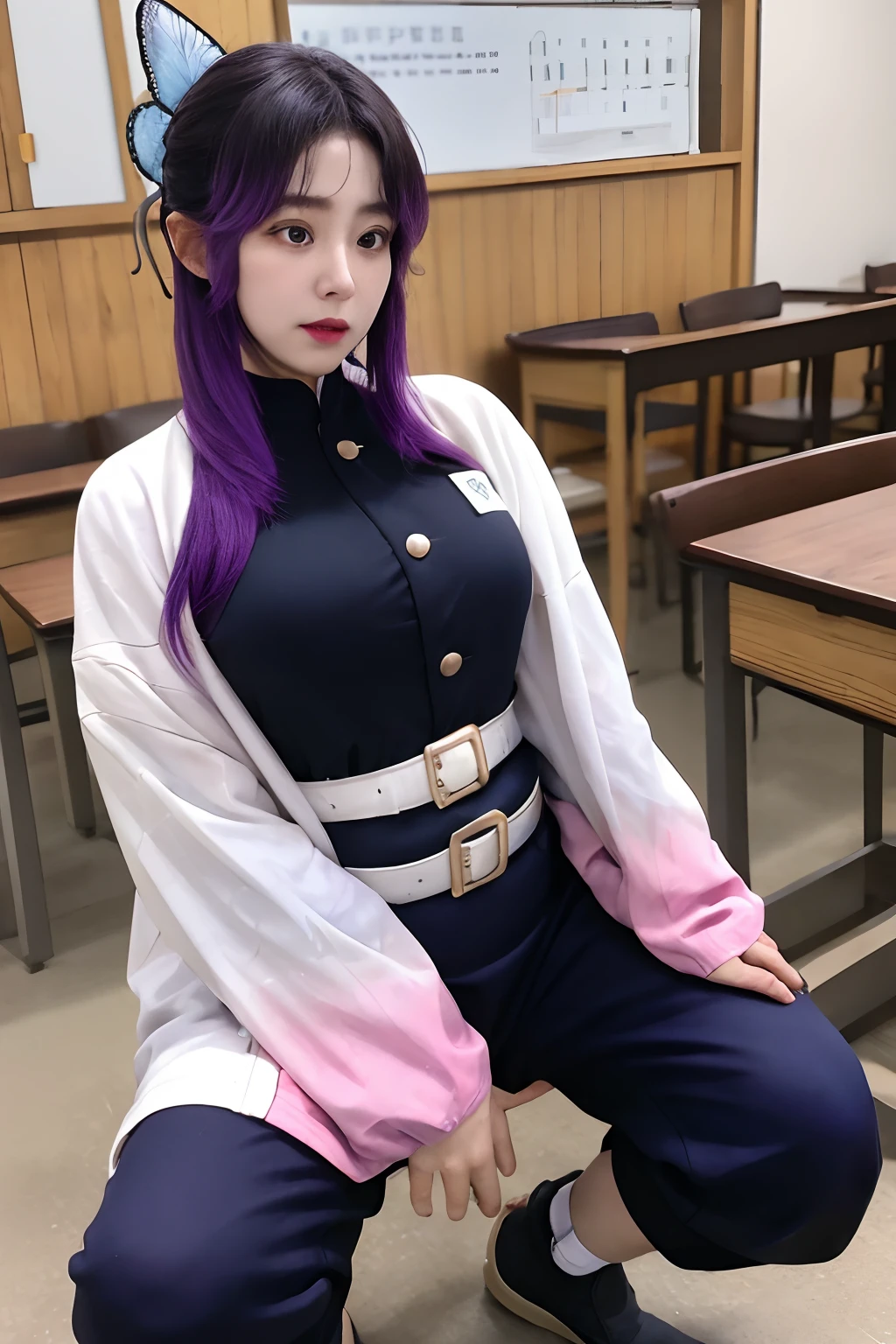 1 girl with old man, parted bangs, black pants, black jacket, long sleeves, belt, cowboy shot, purple hair, butterfly hair ornament, pregnant, squat, old man abuse girl, 1 girl, 1 old man, 1 girl hand in hand with 1 old man, black old man, ugly bastard old man ,fat old man, girl large amount of cloudy liquid drips from the genitals, cum face, teacher squat in front class, humiliated, squat girl