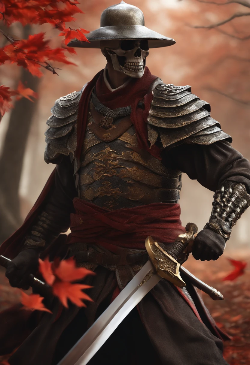 (8K, 16 K, awardwinning, Highest Quality, High resolution, Super Detail, Photorealistic, Raw photo), Highly detailed 4K resolution digital artwork, (Skeleton Swordsman: 1.3), Samurai, Lighting is dynamic, Enhanced complex details, Splash art with triad colors and deep tones, Storybook style, Hairless Warrior, The best camera models and lenses, Japanese Sword, A large tree with autumn leaves, red leaves, Return blood, Overwhelming beauty Many swords are stuck in the ground, Symbol of strength.
