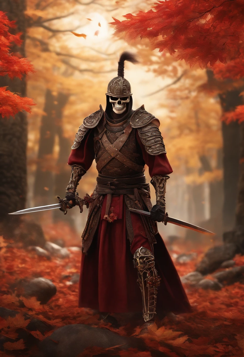(8K, 16 K, awardwinning, Highest Quality, High resolution, Super Detail, Photorealistic, Raw photo), Highly detailed 4K resolution digital artwork, (Skeleton Swordsman: 1.3), Samurai, Lighting is dynamic, Enhanced complex details, Splash art with triad colors and deep tones, Storybook style, Hairless Warrior, The best camera models and lenses, Japanese Sword, A large tree with autumn leaves, red leaves, Return blood, Overwhelming beauty Many swords are stuck in the ground, Symbol of strength.