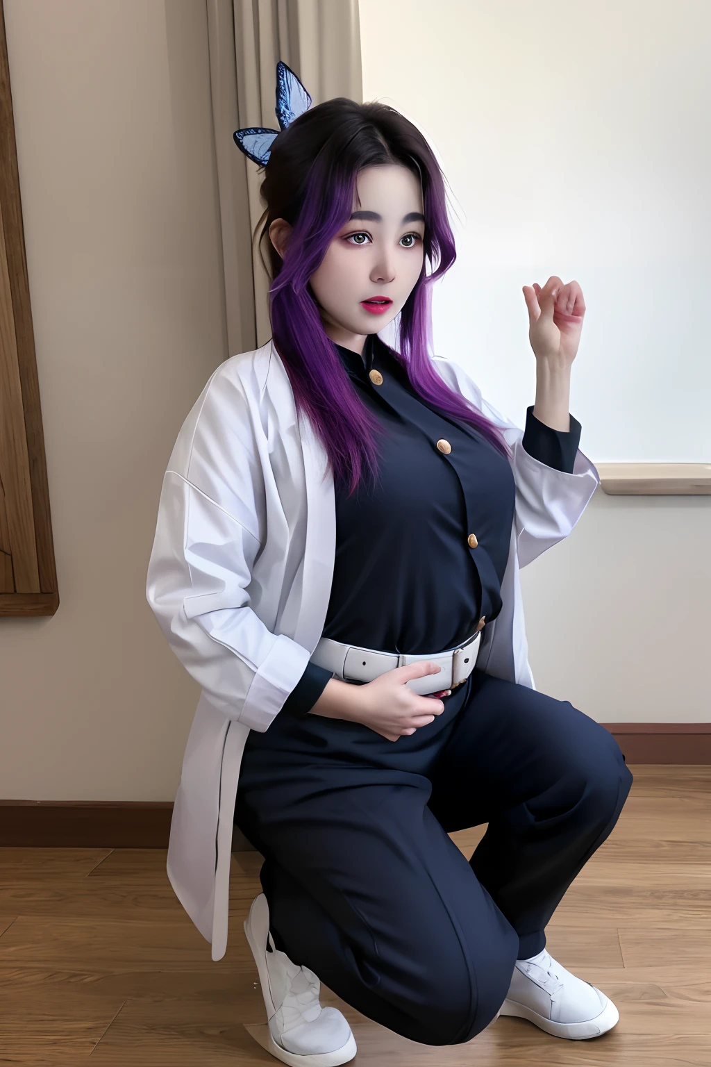 1 girl with old man, parted bangs, black pants, black jacket, long sleeves, belt, cowboy shot, purple hair, butterfly hair ornament, pregnant, squat, old man abuse girl, 1 girl, 1 old man, 1 girl hand in hand with 1 old man, black old man, ugly bastard old man ,fat old man, girl large amount of cloudy liquid drips from the genitals, cum face, teacher squat in front class, humiliated, squat girl
