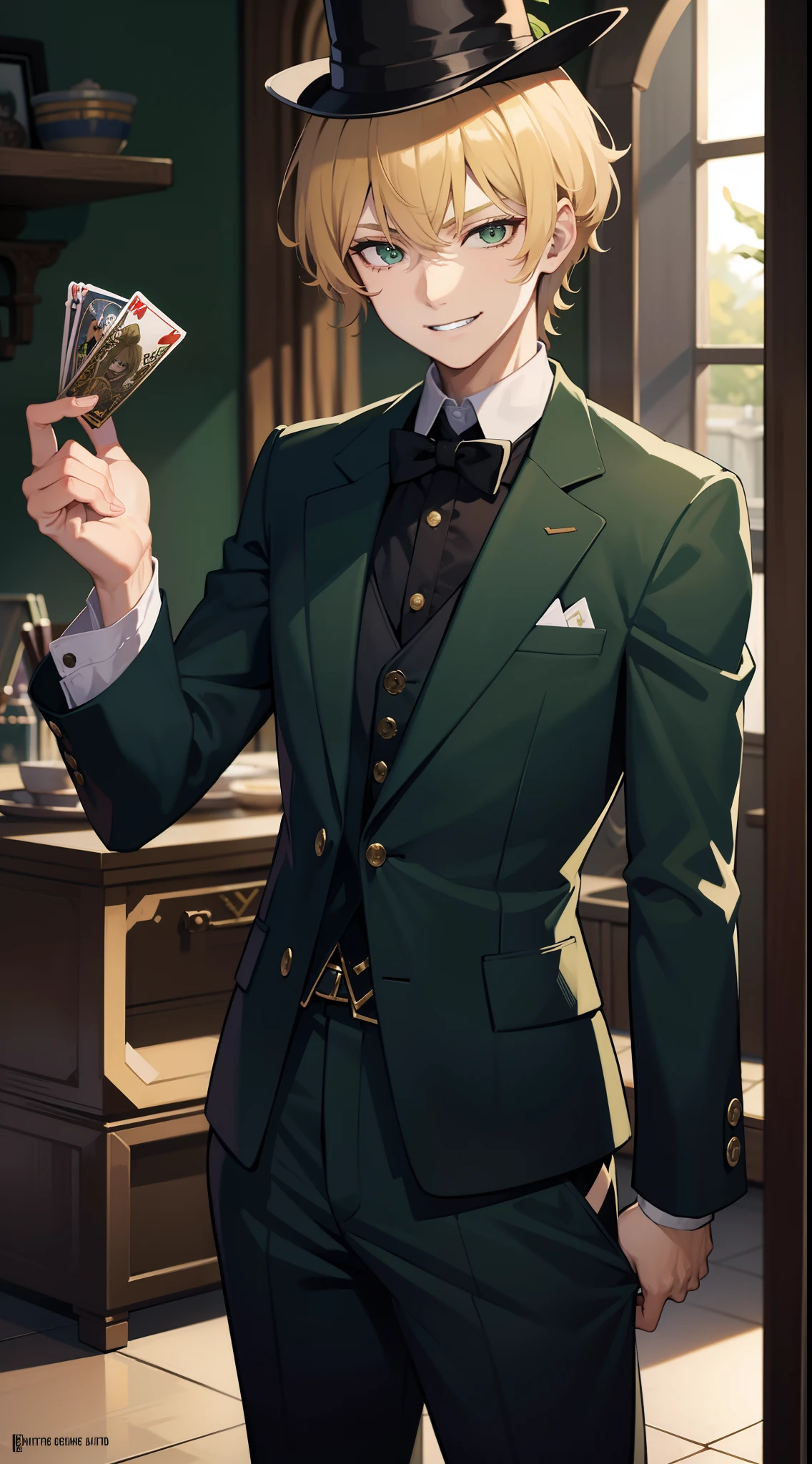 young boy, short curly blonde hair, Green eyes, smirk, evil, wizard hat, Magician's jacket, Magician Form, cane, playing cards, a joker, Masterpiece, hiquality, 4k, HD, Good detail