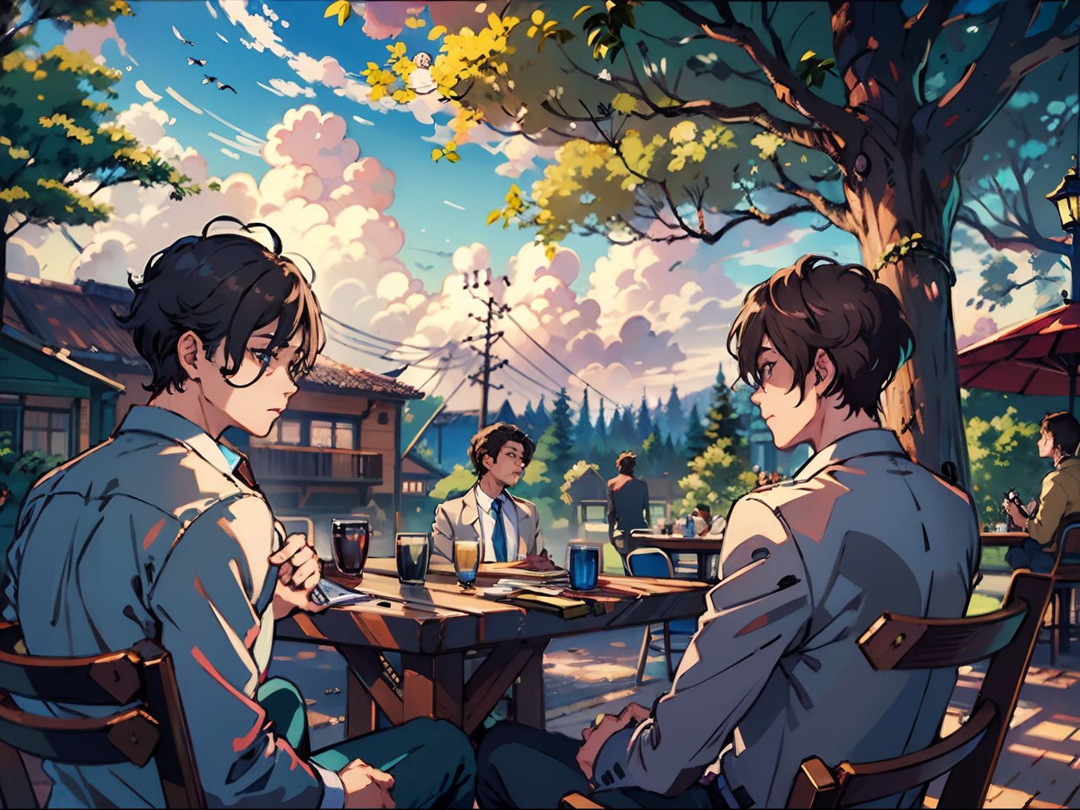 2boys,11 only、(Man's :2),(bobhair:1.5)、A dark-haired、Brown hair、Rear view、Suits、Brightly colored ties、chum、cafes、Trees、Clouds and dusk,Natural lighting、hightquality、masutepiece,8K,hight resolution、