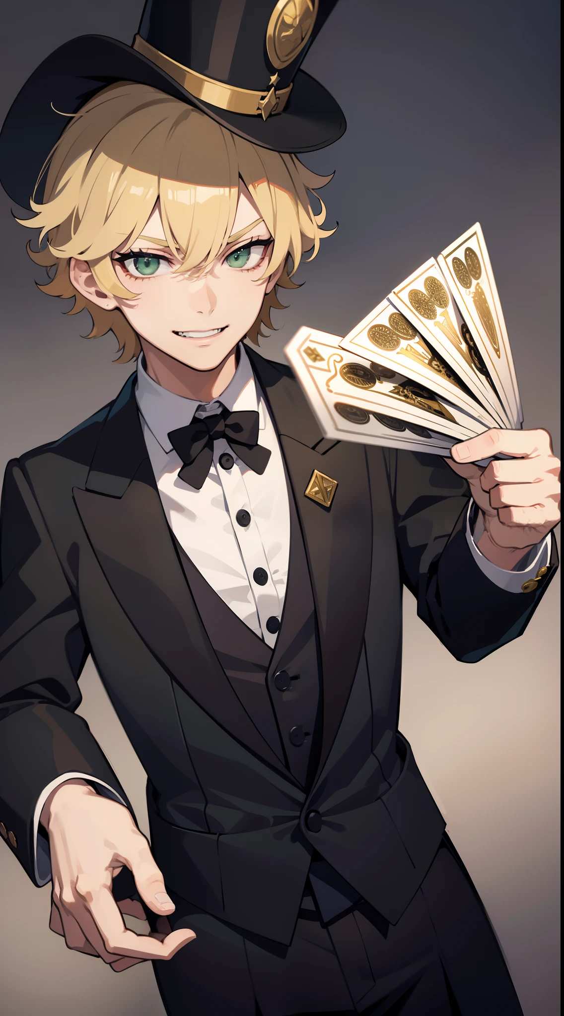 1 boy,handsome,blue short hair, conjunctivitis, Side parted hairstyle, vampire, handsome, Elegant and charming magician,ruby eyes,short blonde hair,Emitting a bright light,Behind there were countless skeletons.,Scatter the cards down.,Anime,handsome,look good, stand, nighttime, Close-up photo,Ultra details, HD ulta