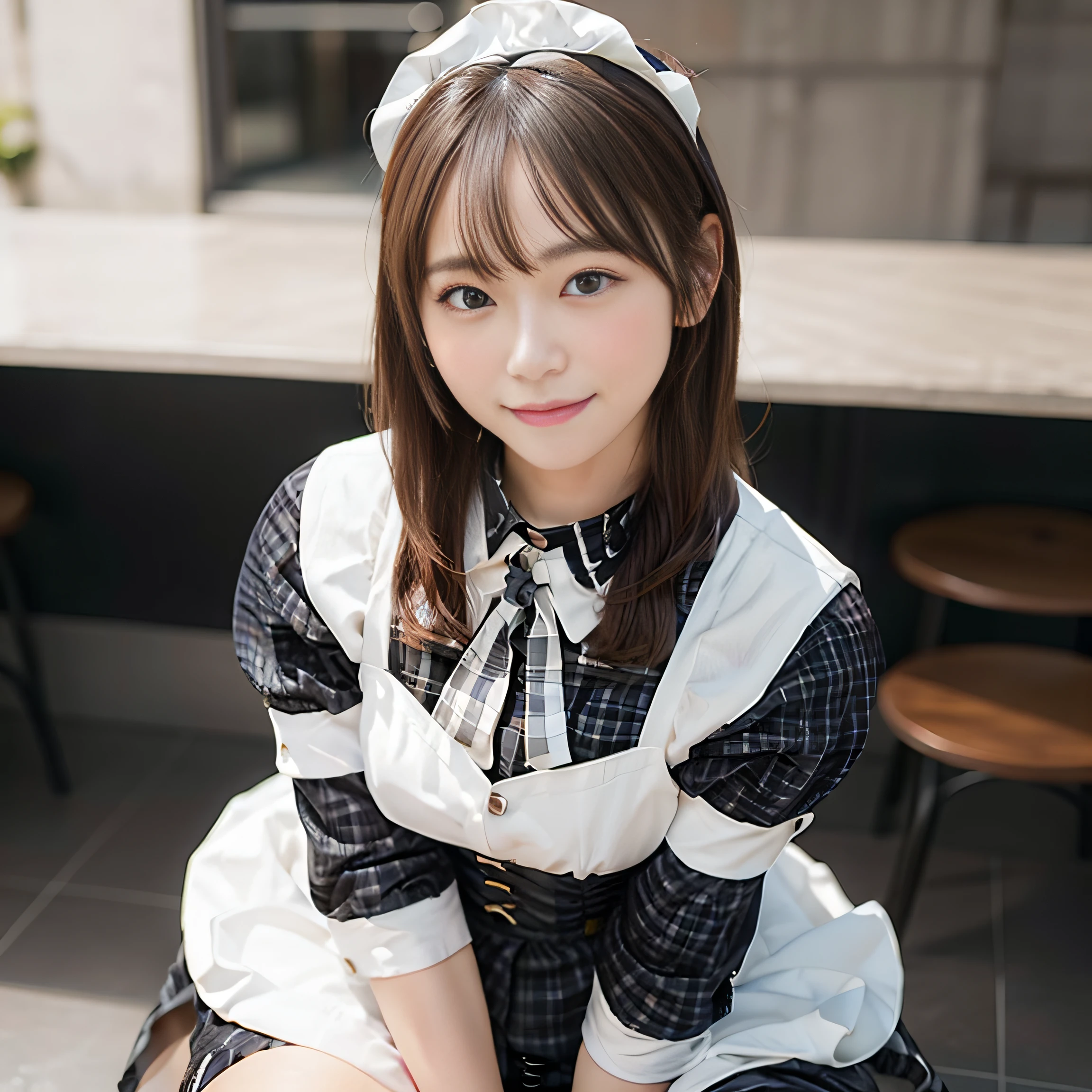 in 8K,Best Quality:1.4, 超A high resolution:1.5, (Photorealistic:1.4),​masterpiece:1.2,(top-quality:1.4)、 Raw photo、 (the background is blurred),  1日本人の女の子, Cute, (Solo:1.4), (Shy smile), Smooth skin、 (Brown medium hair,Bangs),nogizaka,Supple fingertips,Beautiful black eyes、dual、natural skin textures:1.3, realistic eyes and face details:1.7、middlebreasts、during daytime、Toned buttocks:1.5、gazing at viewer,The camera is３ｍBackward, Cheerful,(maid:1.2),Bow,Long sleeves, Black sleeves,(Long tights with black plaid:1.5),Maid headdress,maid apronl,cafeteria,Upper body:1.8,(detailed hairs:1.1), (Detailed eyes:1.1)