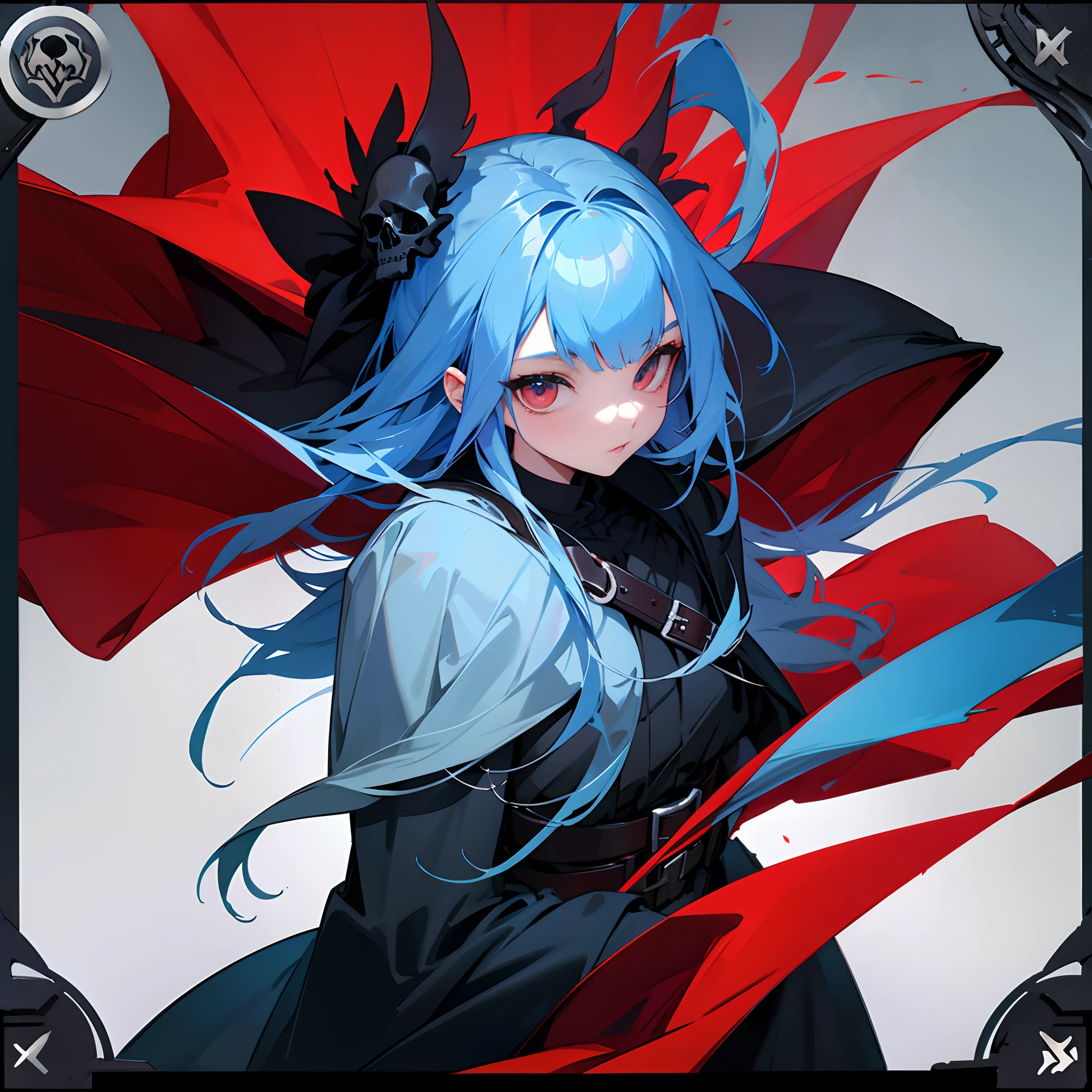 blue hairs,s girl,red color eyes,a black cloak,Skull belt,Skeleton hair card,The background is on the roof