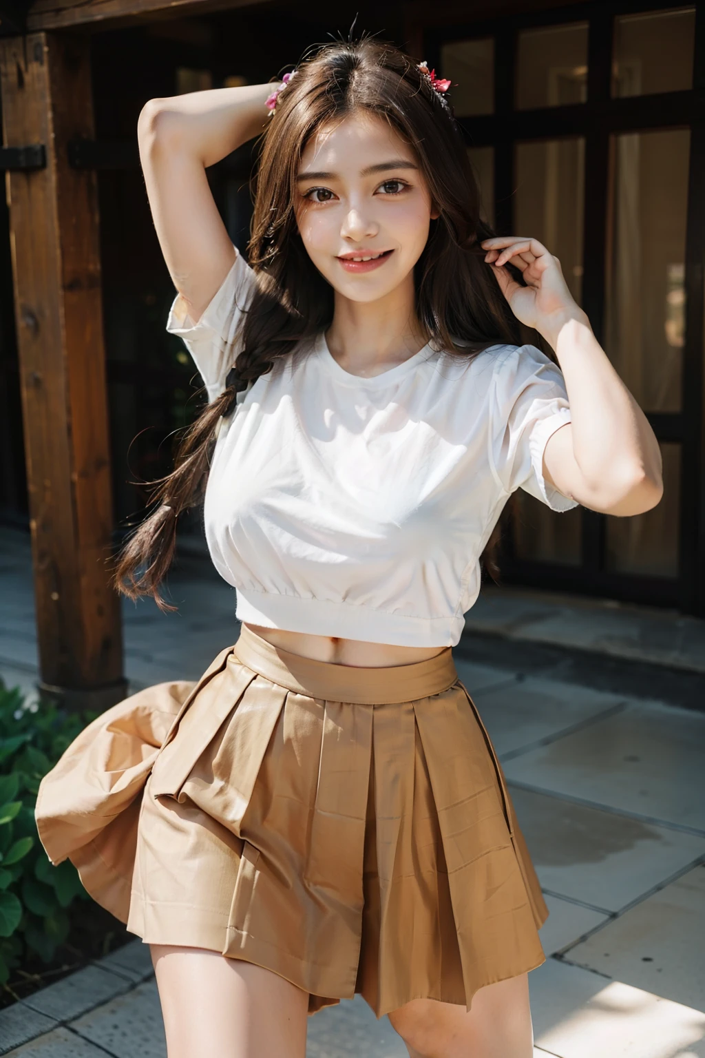 Masterpiece, Best quality, Realistic, Full-HD, 1 girl, Real girl, Long brown hair, Exercise, Braided hair, ribbon on hair, Golden eyes, Brown skin, medium boob, Happy face, Big smile, Open mouth, Traditional Mexican skirt, Pink Mexican skirt, Dynamic movements, White blouse, Short sleeves, Red high heels, dynamic dance pose, full bodyesbian, Perfect anatomy,