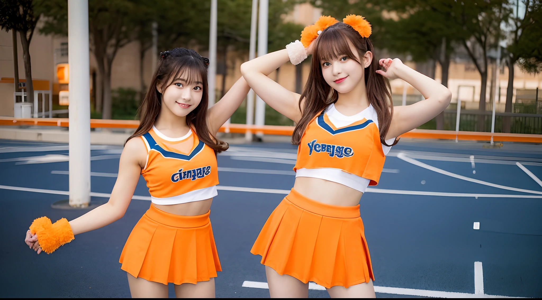 18-year-old cheergirl in orange miniskirt